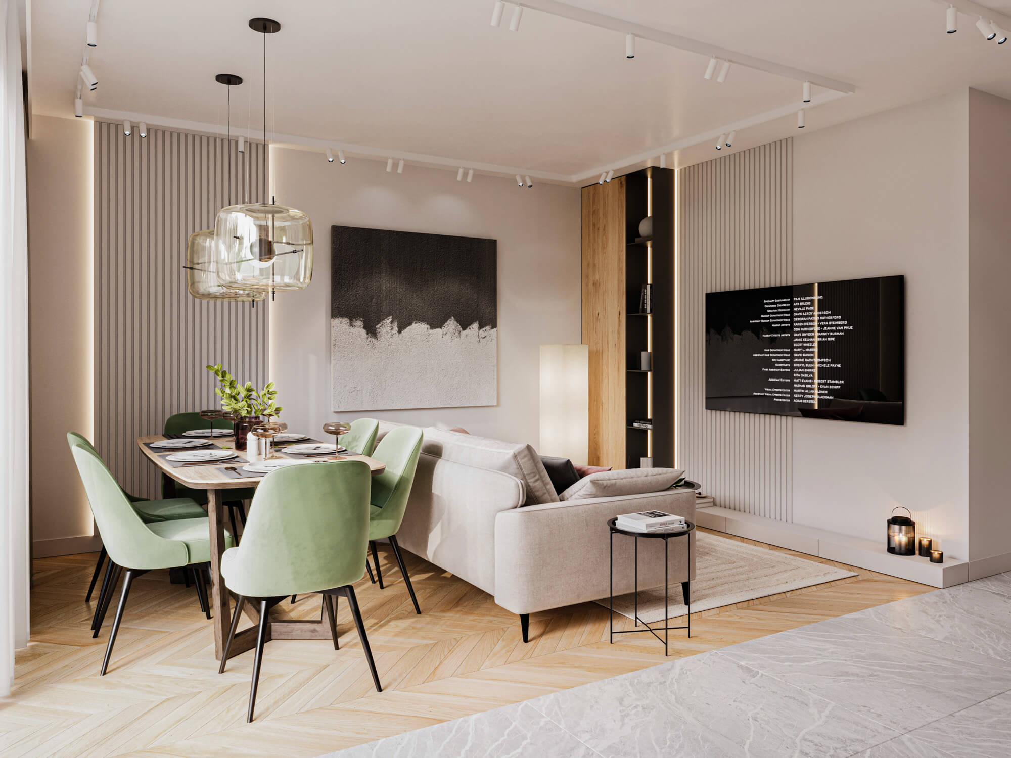 Wizualizacje 3D wnętrz Sielankowe Osiedle - salon z jadalnią