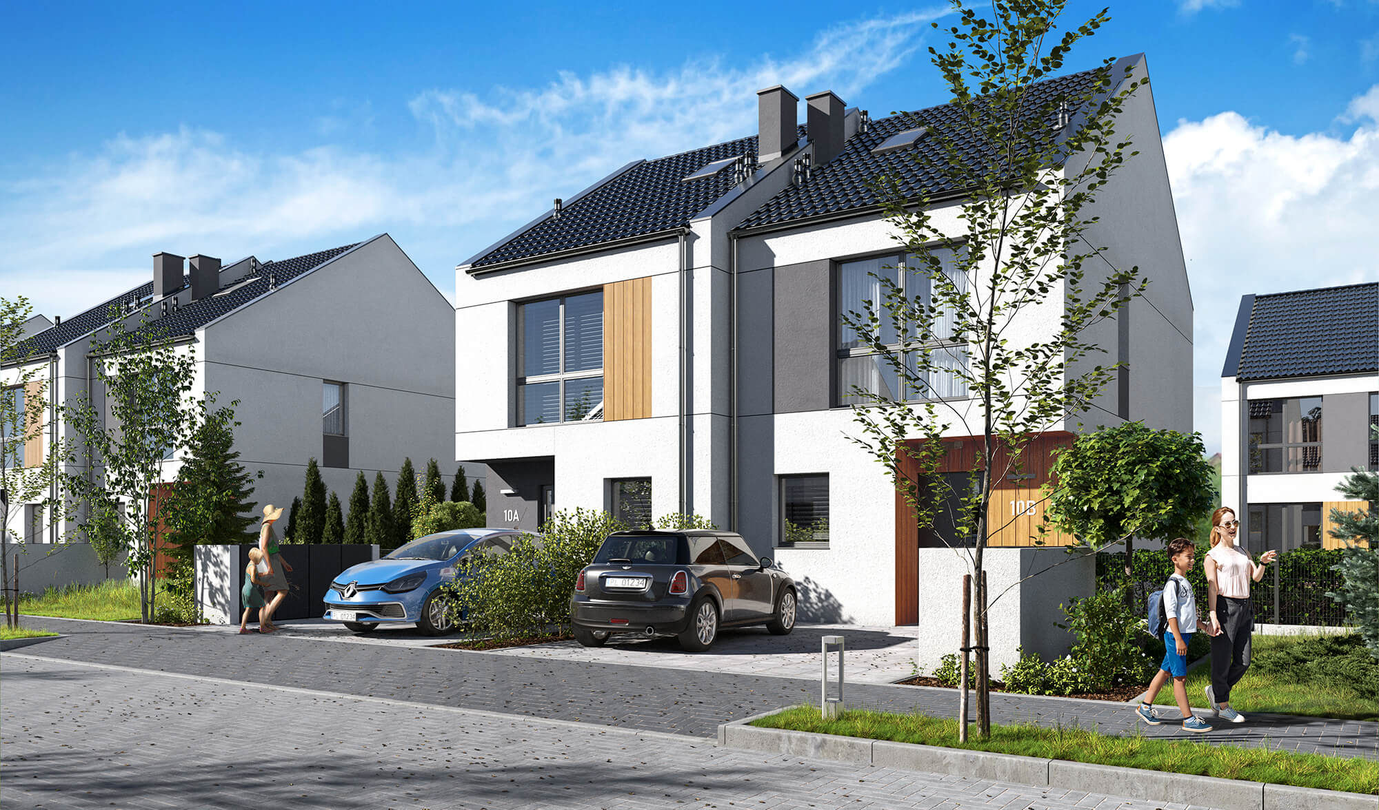 Bliźniak z jasną elewacją i elementami z drewna.