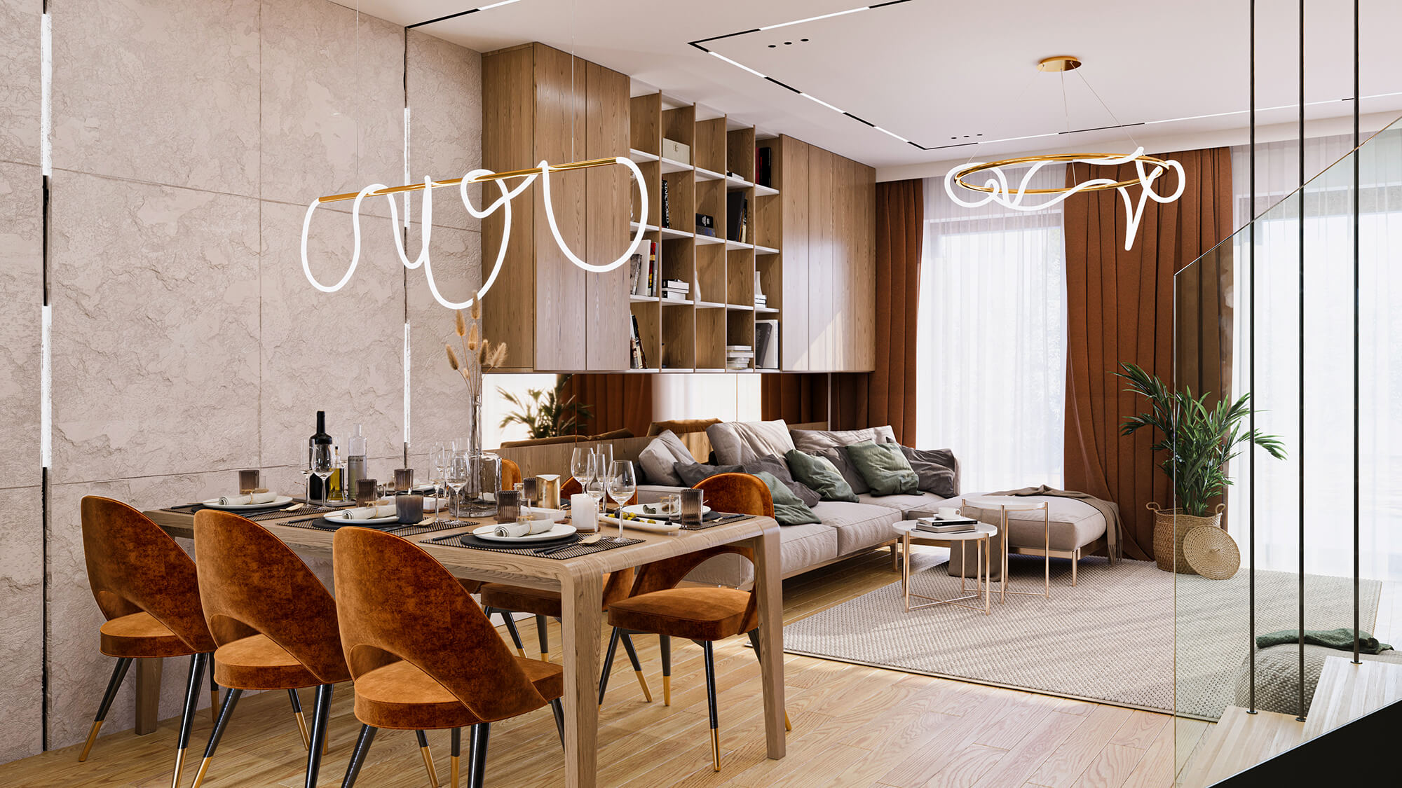 Strefa dzienna z salonem i jadalnią w ciepłych kolorach z dodatkiem drewna.