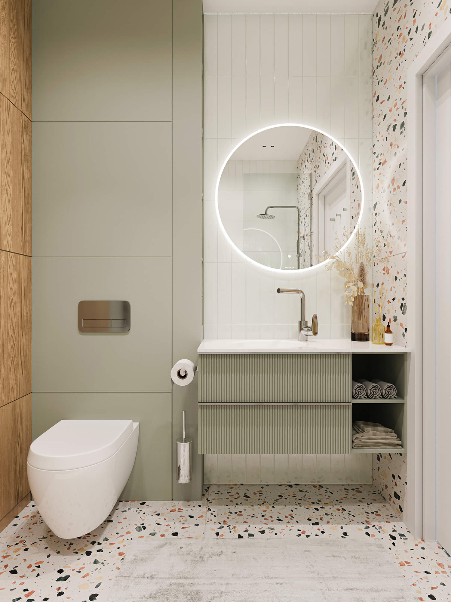 Łazienka z płytkami w kolorze jasnej zieleni, prysznicem i okrągłym lustrem.