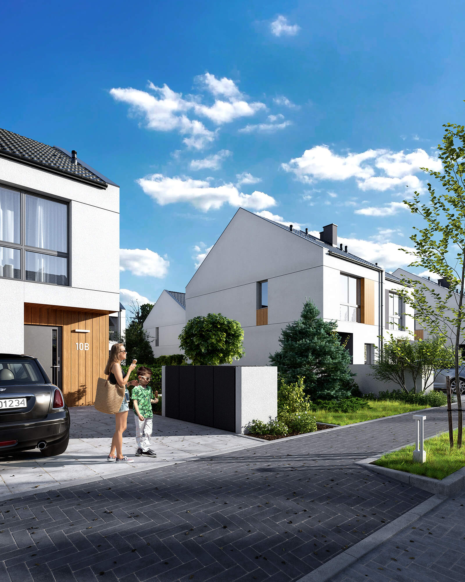 Strefa wejściowa do bliźniaka z miejscem parkingowym.