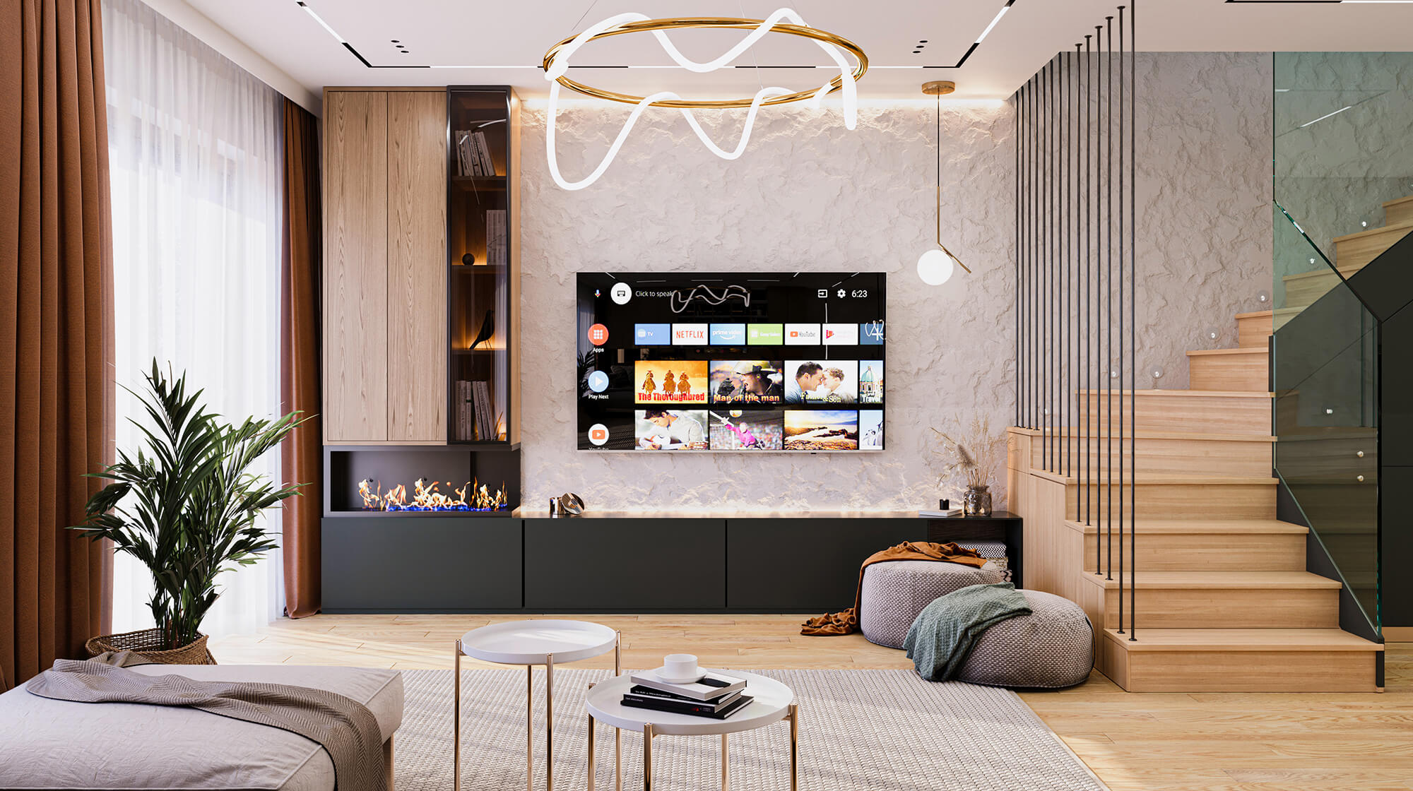 Salon z ozdobną lampą i zabudowanym kominkiem.