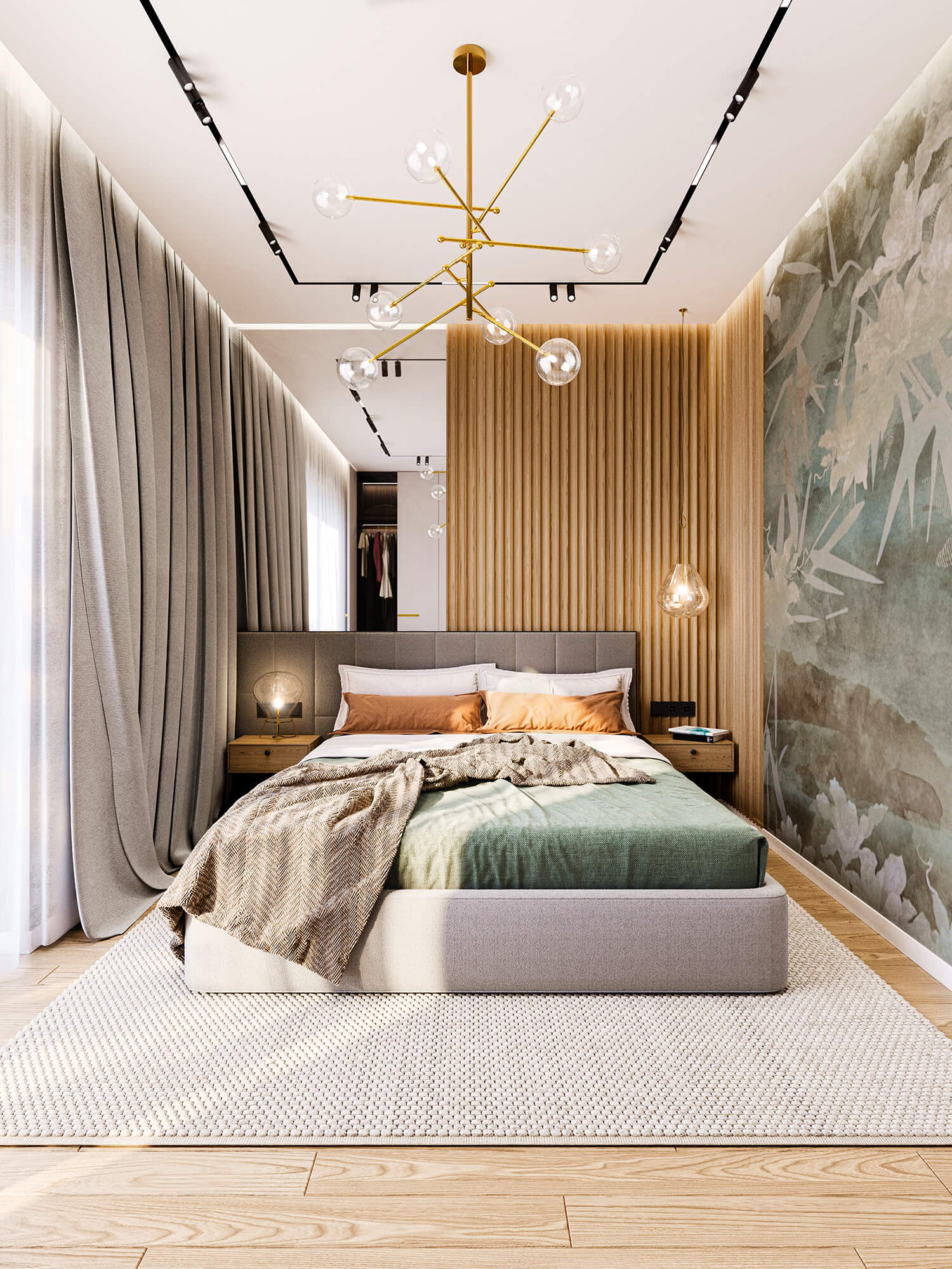 Sypialnia z łóżkiem i dużym oknem z zasłonami.