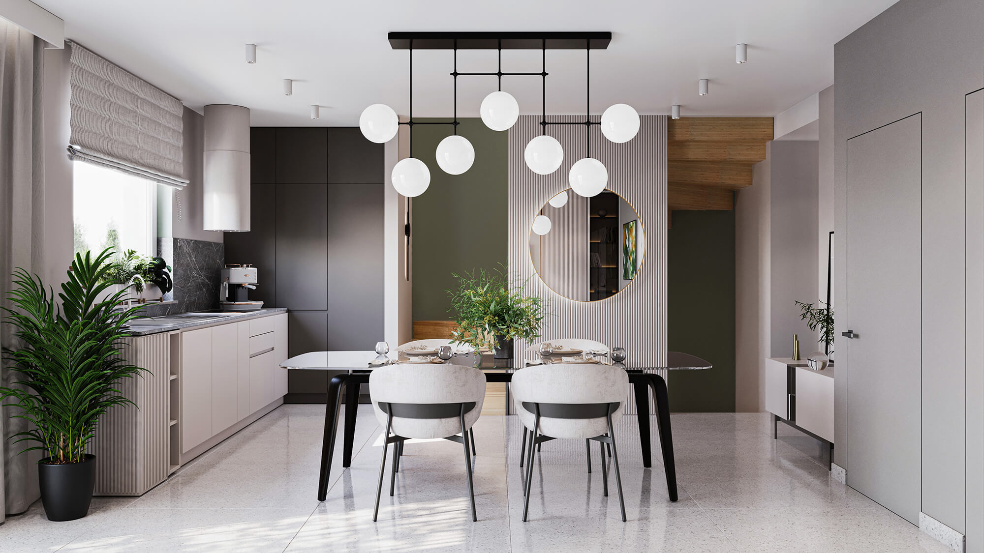 Strefa dzienna z małą kuchnią, jadalnią i klatką schodową.