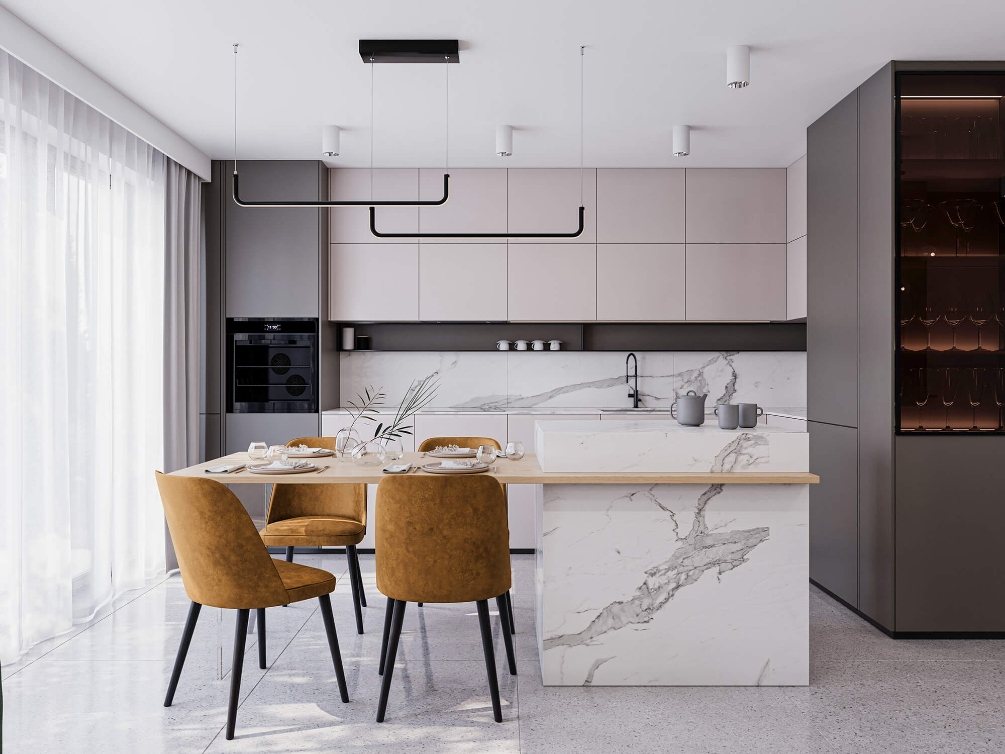 Kuchnia z szarymi frontami i wyspą z funkcją jadalni.