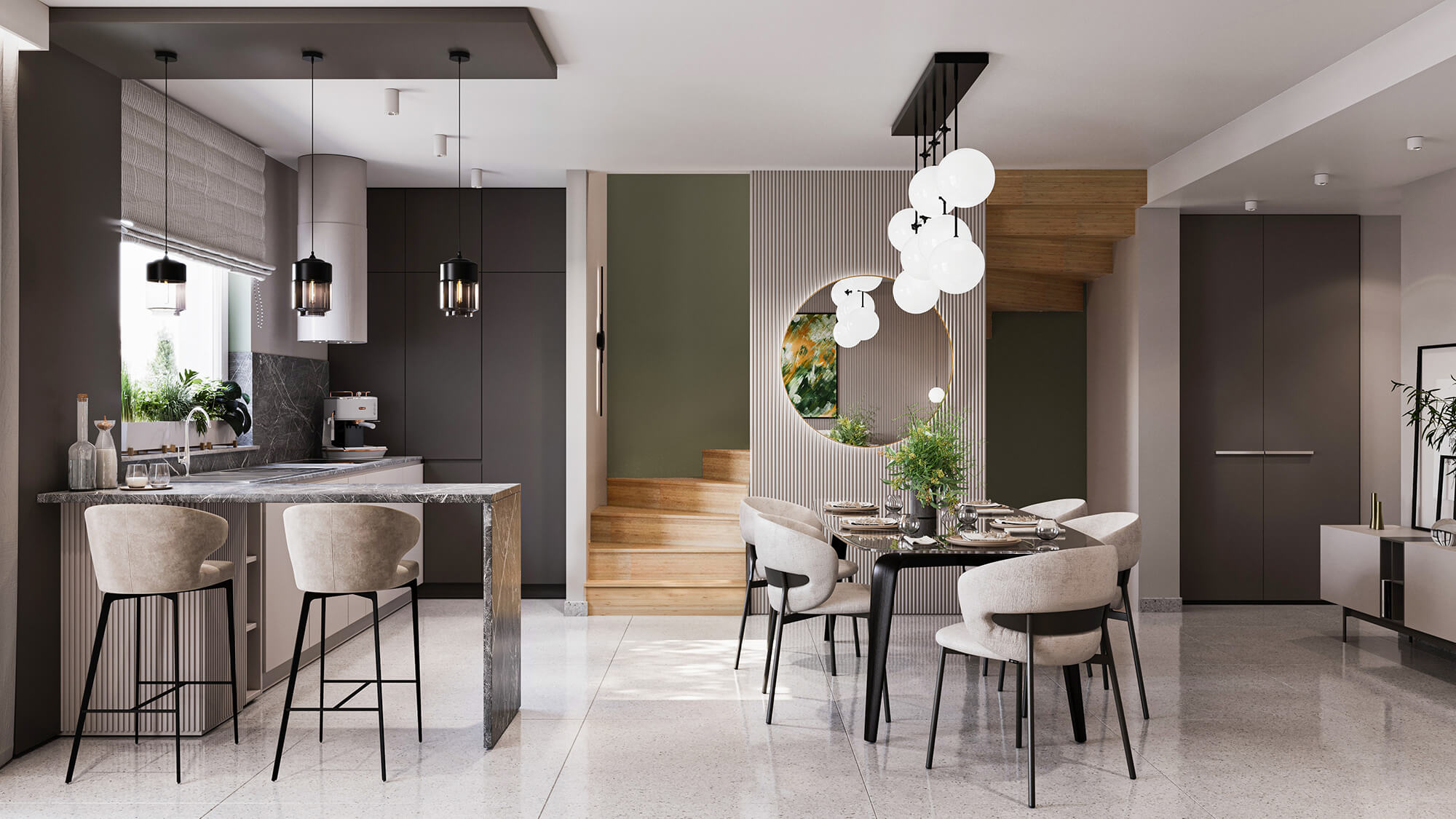 Strefa dzienna z kuchnią, jadalnią i klatką schodową.