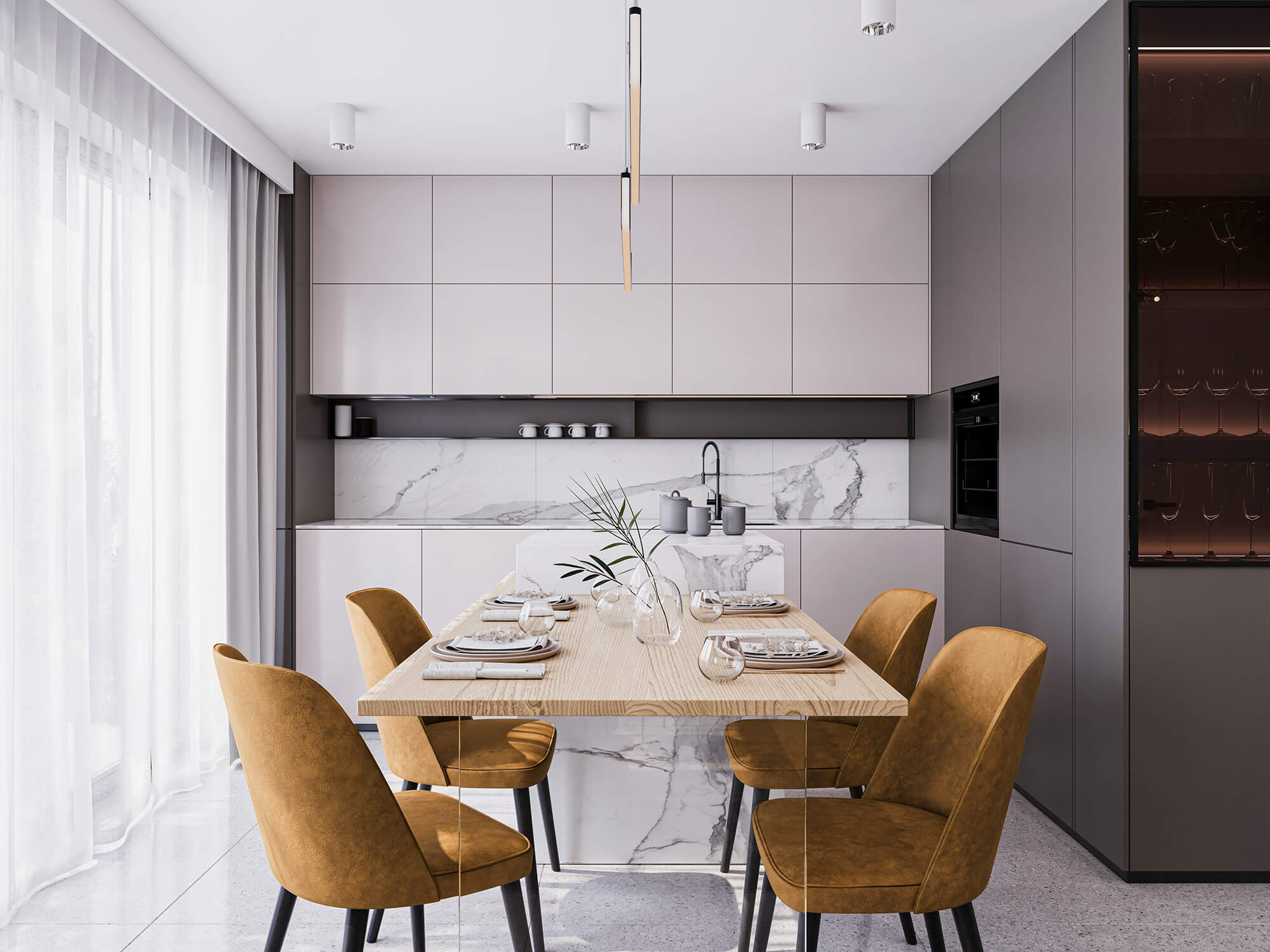 Kuchnia z szarymi frontami i kamiennym blatem i jadalnią.