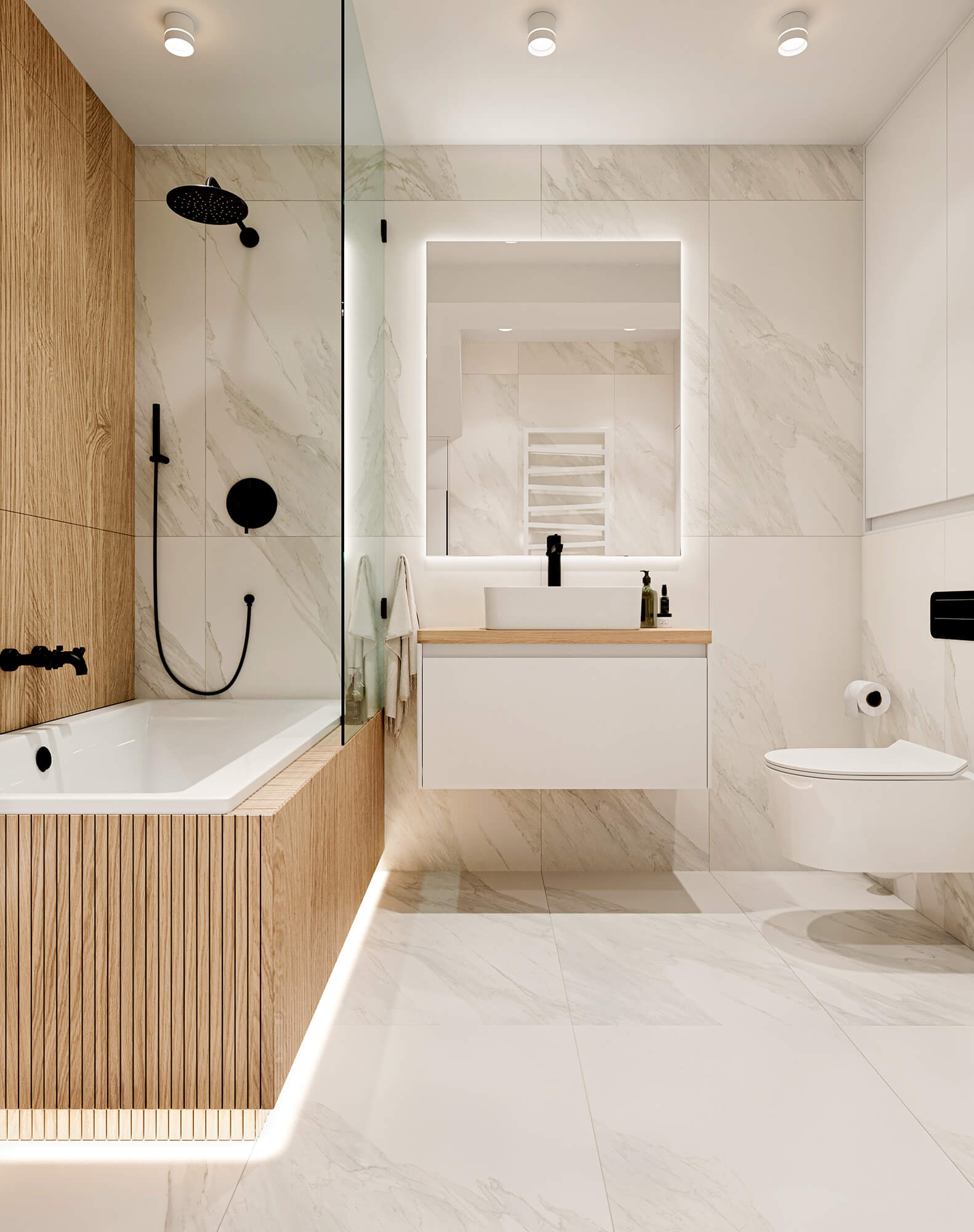 Łazienka z zabudowaną wanną prysznicową w jasnej kolorystyce.