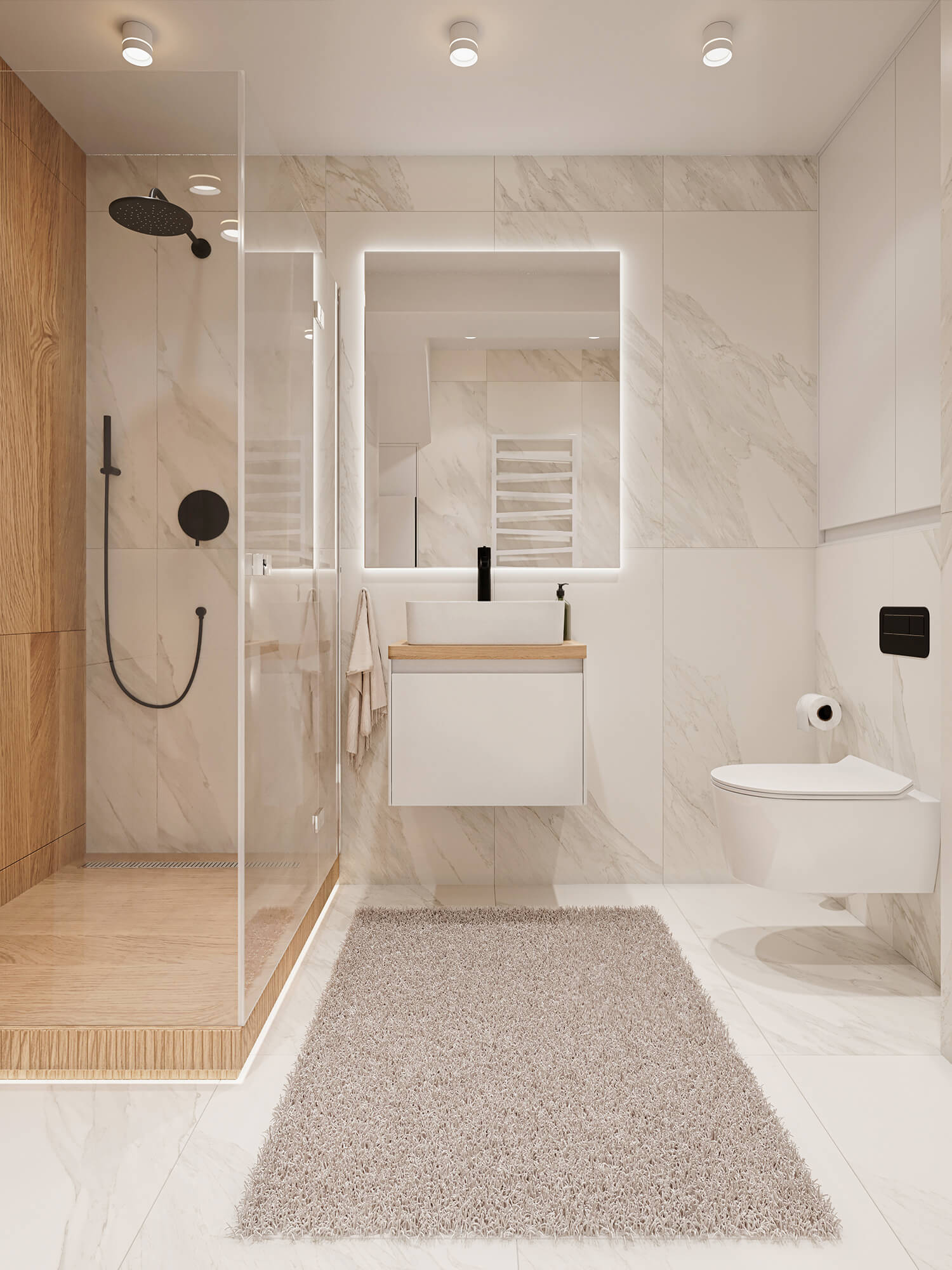 Łazienka z prysznicem w jasnej kolorystyce.