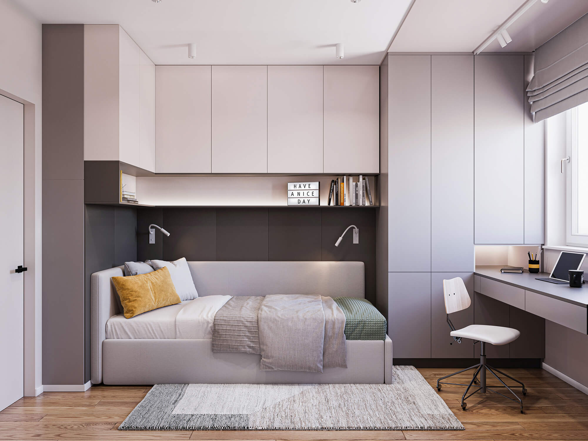 Minimalistyczny pokój dla nastolatka z szarą zabudową meblową, łóżkiem i biurkiem.