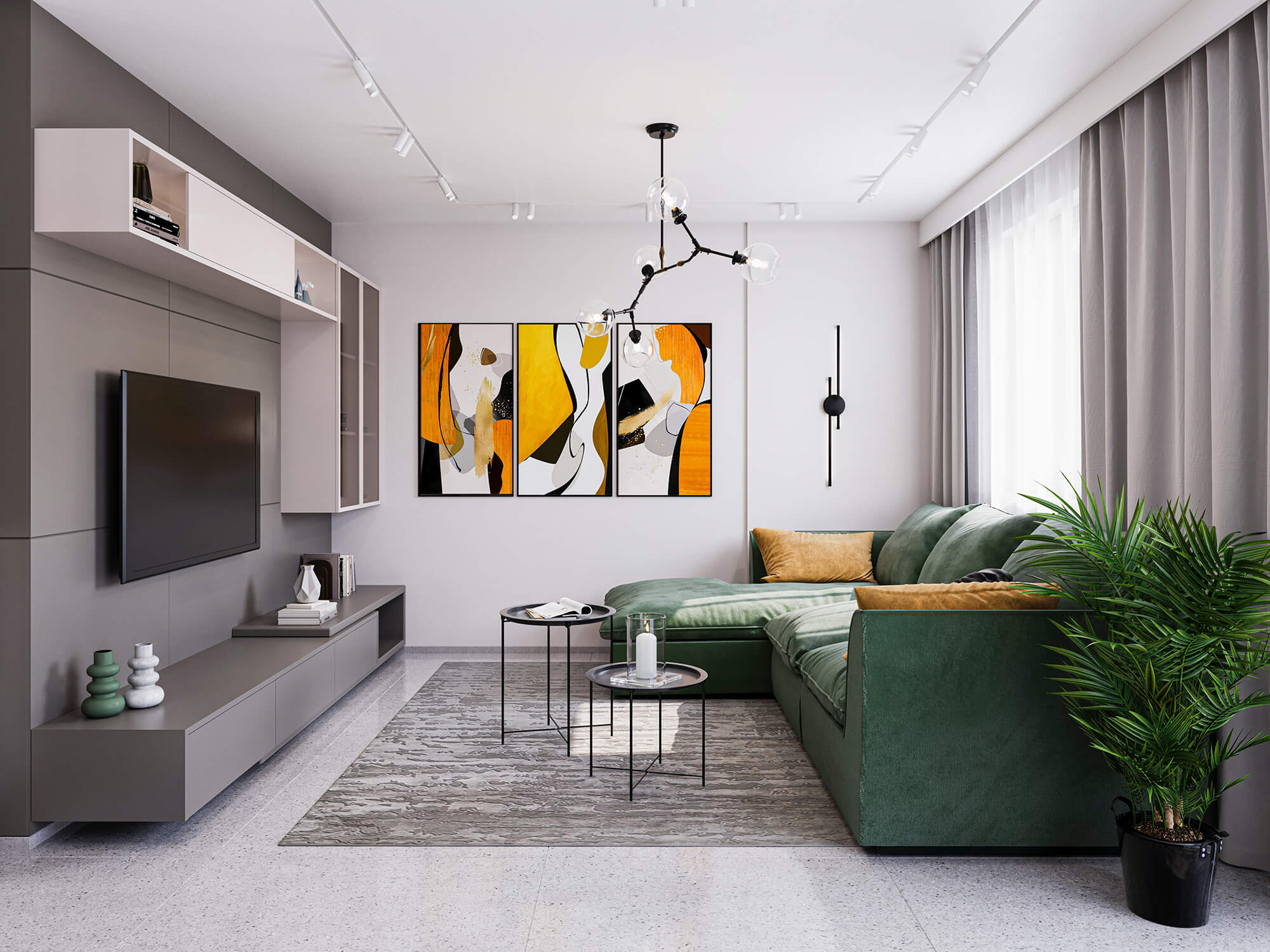 Salon z dużą zieloną kanapą i minimalistyczną, szarą zabudową.