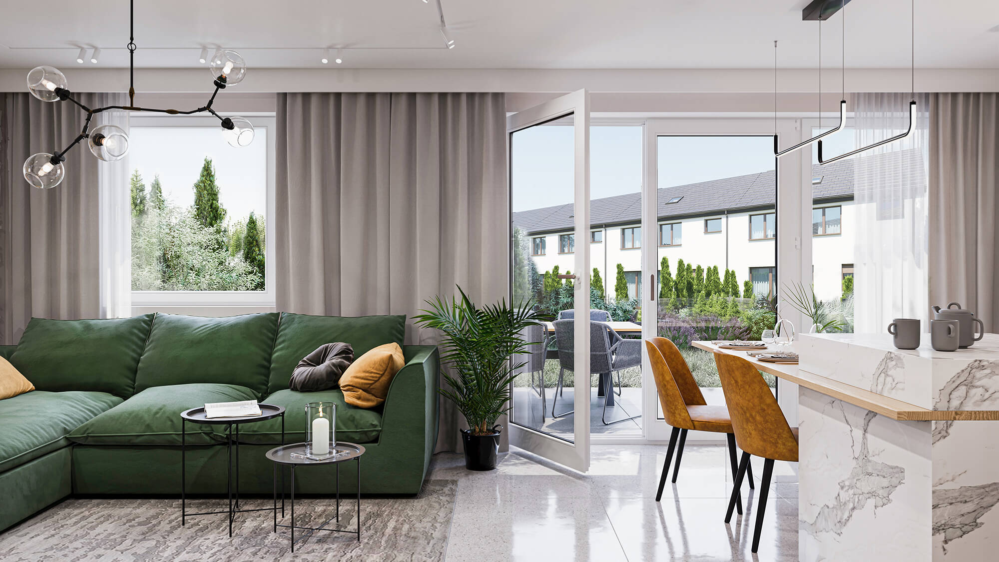 Salon z zieloną kanapą i dużym oknem tarasowym.