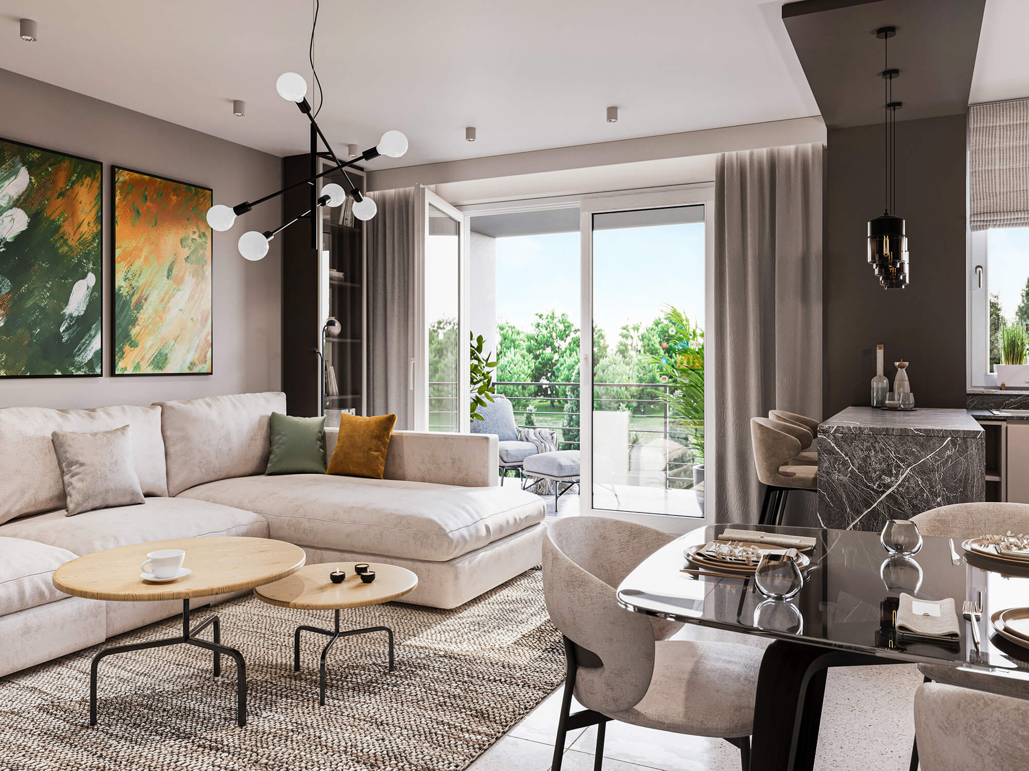 Salon z jasną kanapą i dużym oknem balkonowym.