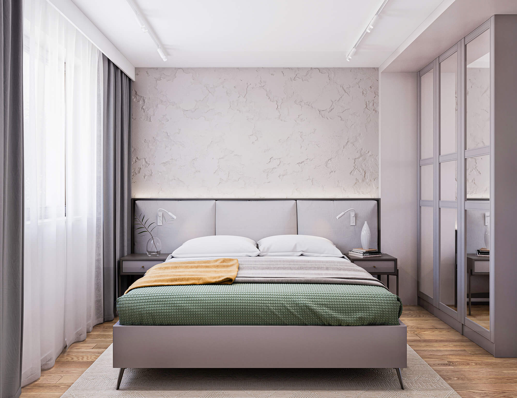 Minimalistyczna sypialnia z dużym łóżkiem i ścianą imitującą kamień.