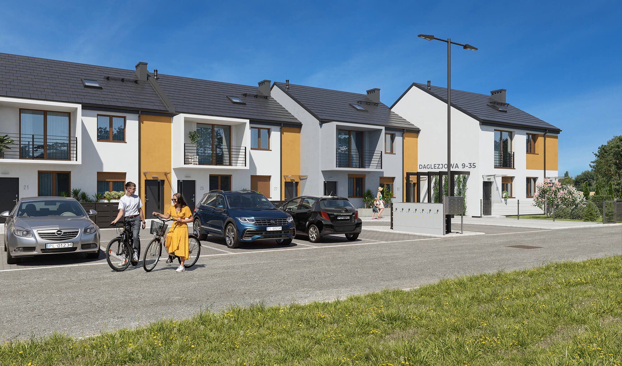 Osiedle z zabudową szeregową z stonowaną elewacją z żółtymi akcentami.