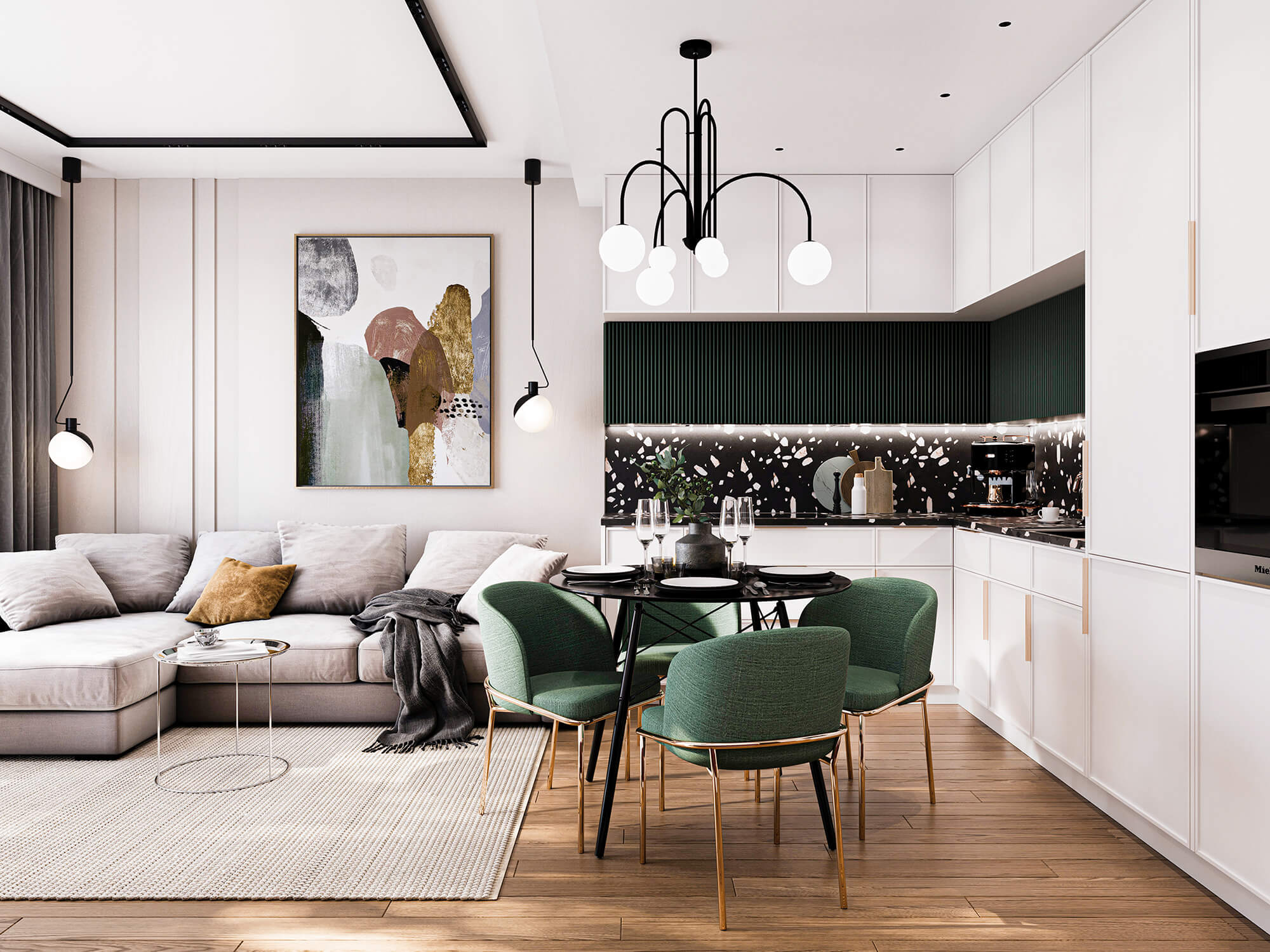 Strefa dzienna z salonem, jadalnią i Kuchnią z ciemnym blatem.