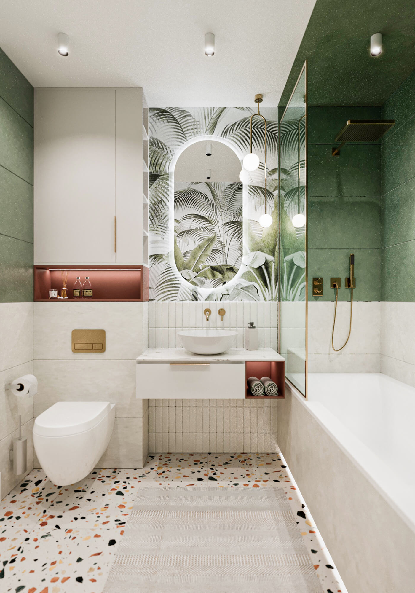 Łazienka z wanną prysznicową i podświetlanym lustrem w jasnych, stonowanych kolorach.