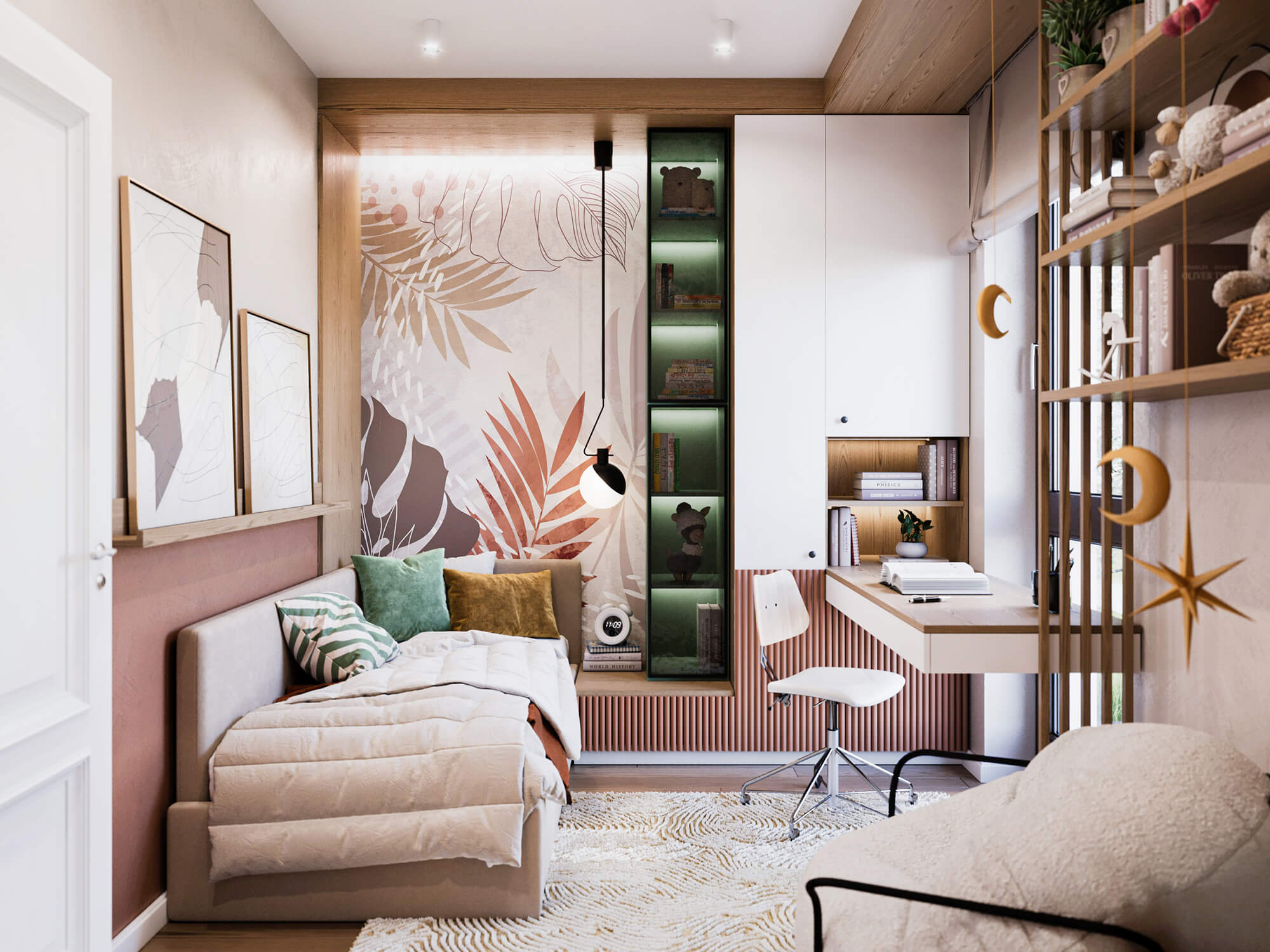 Pokój dla nastolatka z łóżkiem, zabudowanym biurkiem i fotelem.