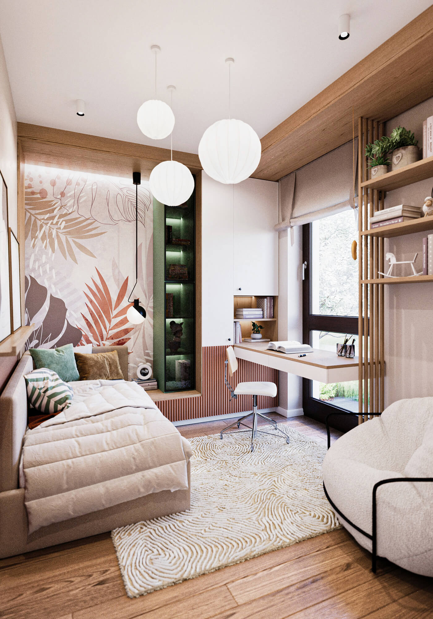 Pokój dla nastolatka z łóżkiem, zabudowanym biurkiem i fotelem