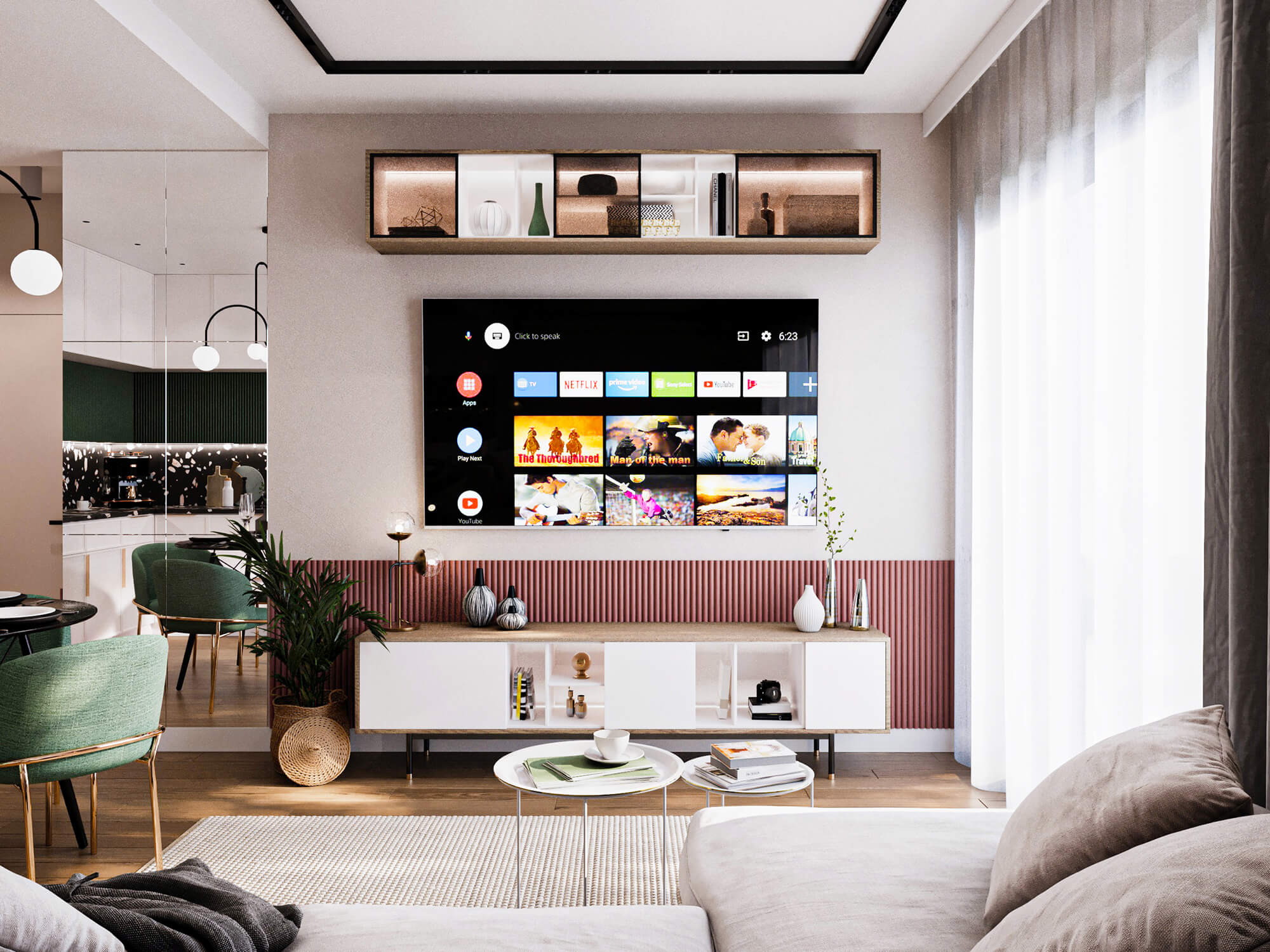 Salon z jasną kanapą i wysokim lustrem.