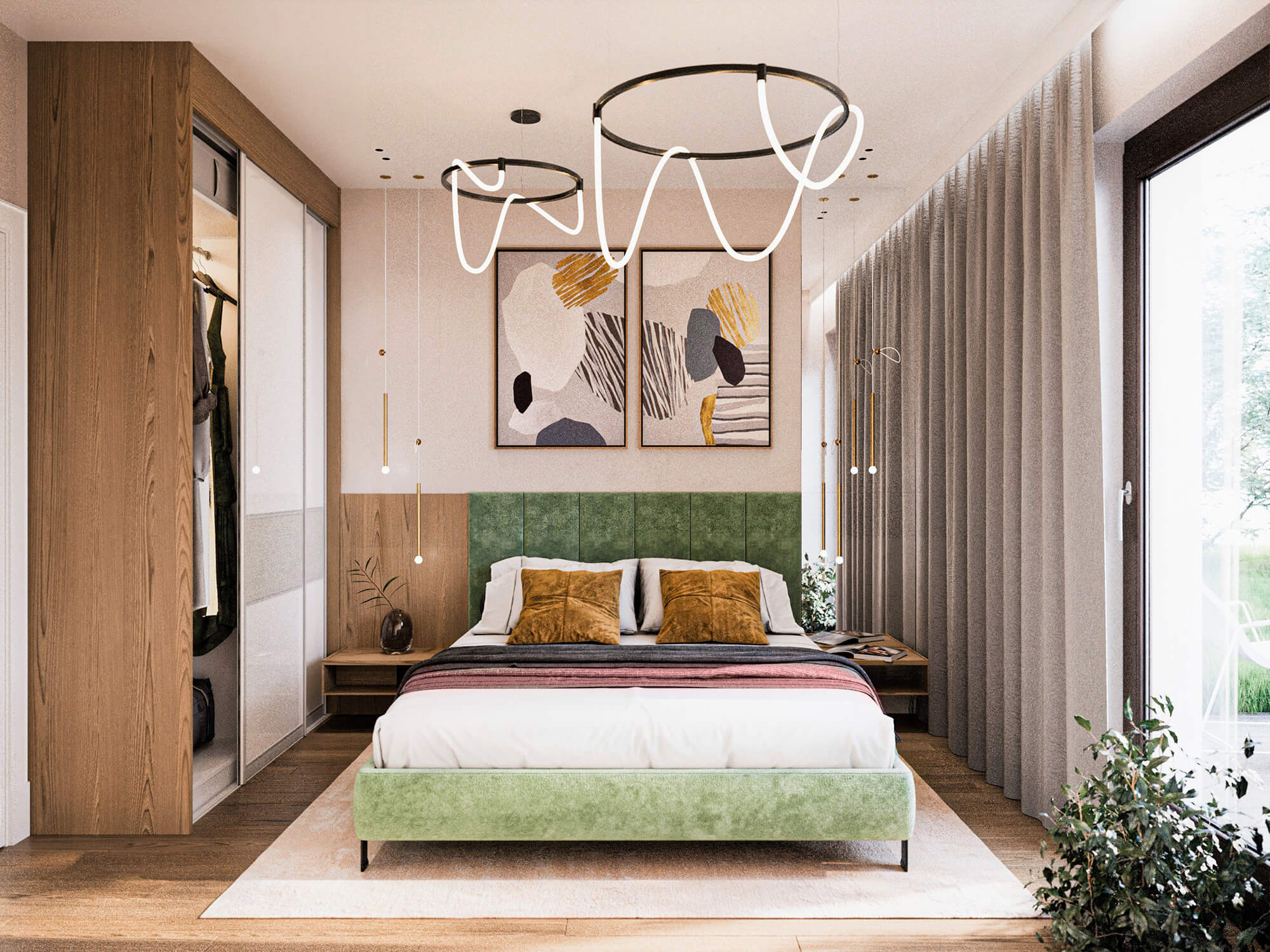 Sypialnia z dużym łóżkiem, szafą i wysokim oknem.