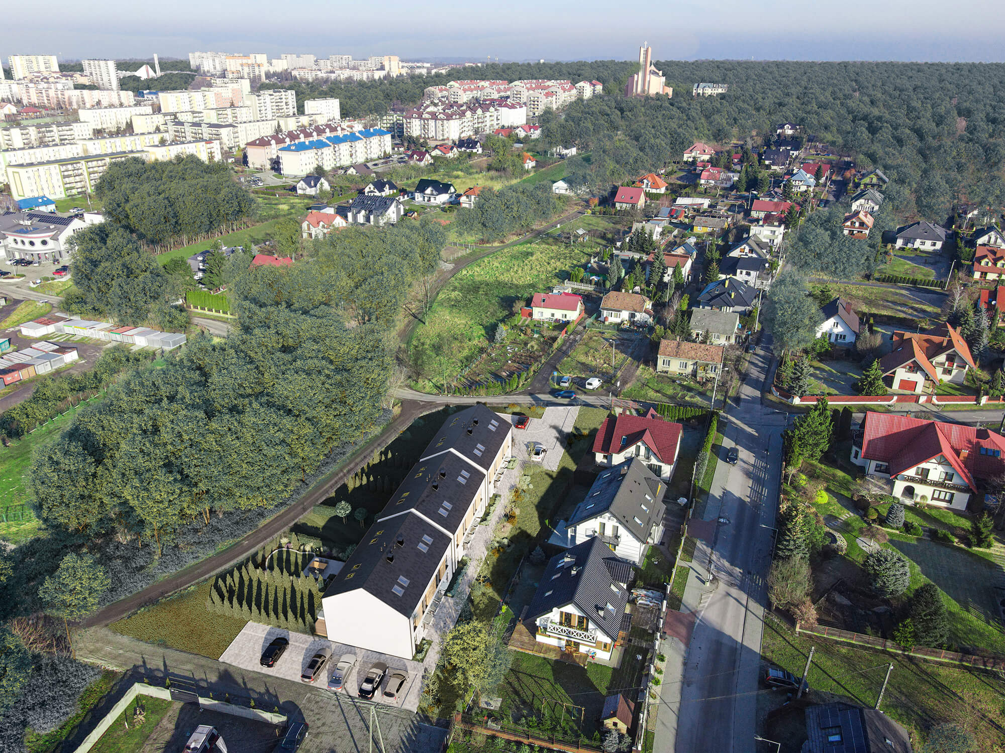 Widok osiedla z bliźniakami z lotu ptaka.