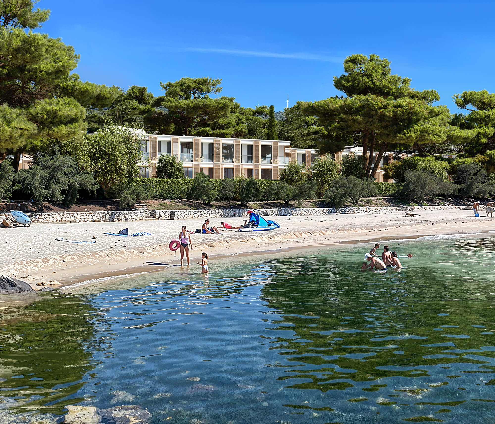 Ludzie odpoczywający na plaży przy resorcie.