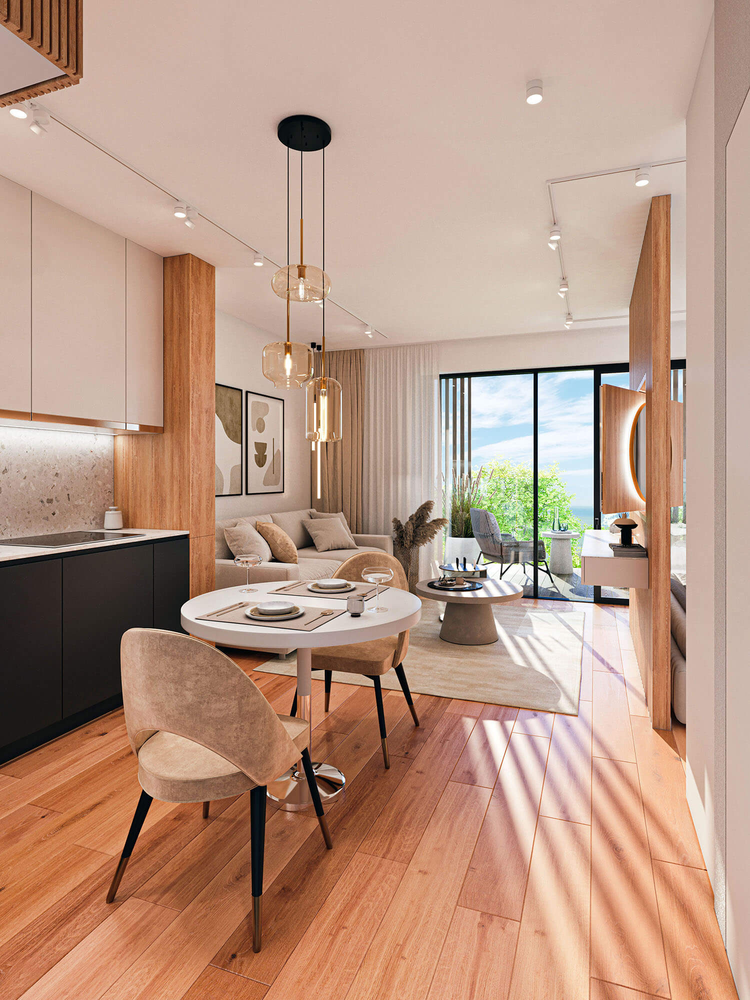 Apartament z kuchnią, jadalnią, salonem i dużym oknem tarasowym.