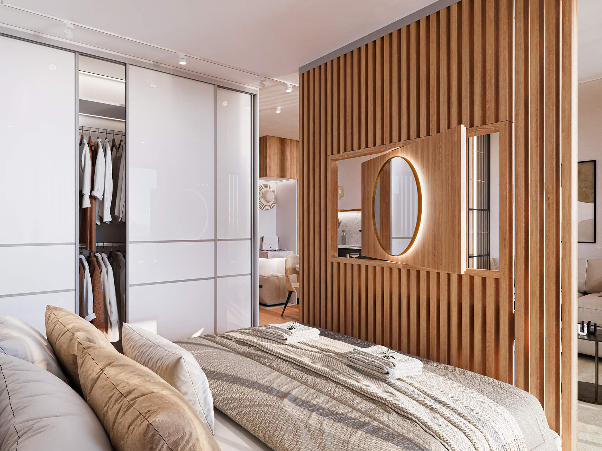 Apartament z sypialnią oddzieloną drewnianą ścianką od strefy dziennej.