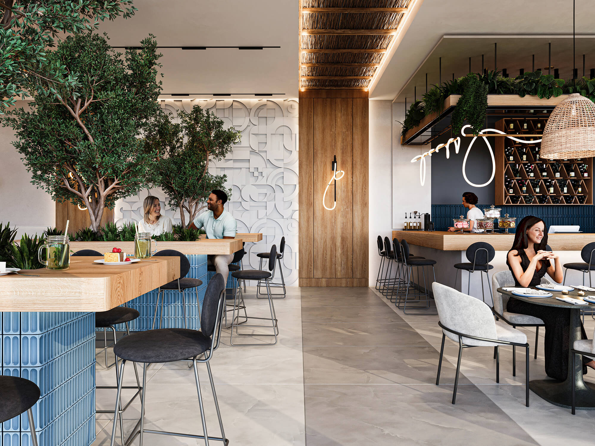 Restauracja w resorcie z wysokimi siedzeniami i ozdobnym sufitem.