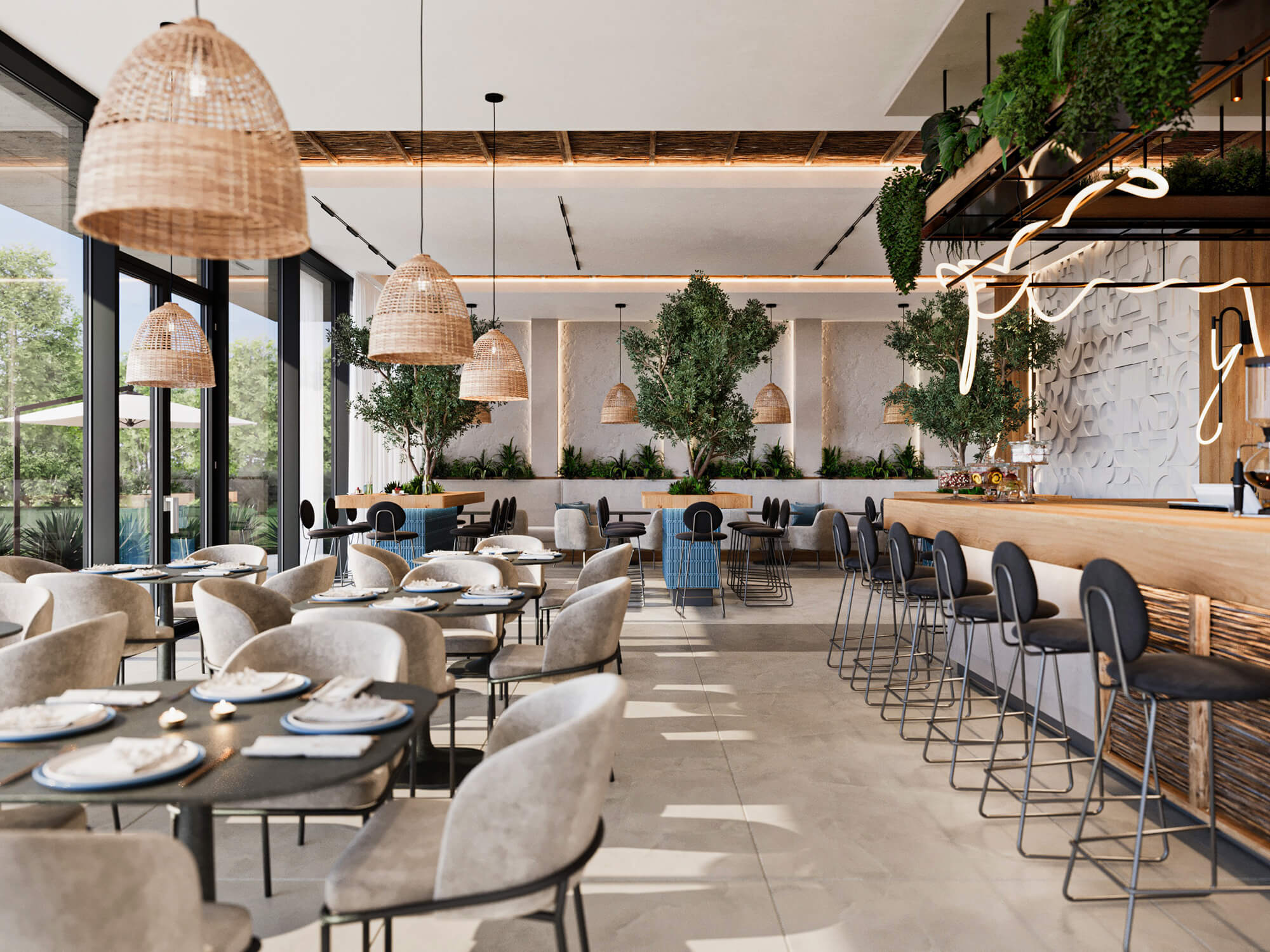 Restauracja w resorcie z dużym barem.