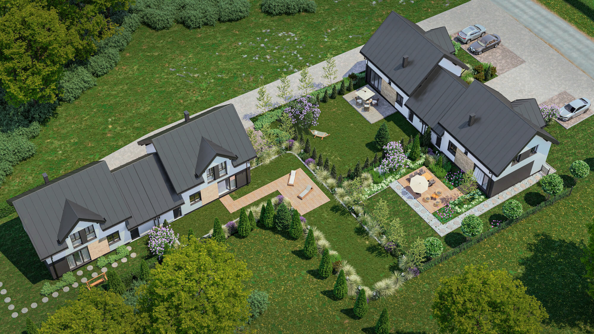 Widok z lotu ptaka na osiedle domków jednorodzinnych