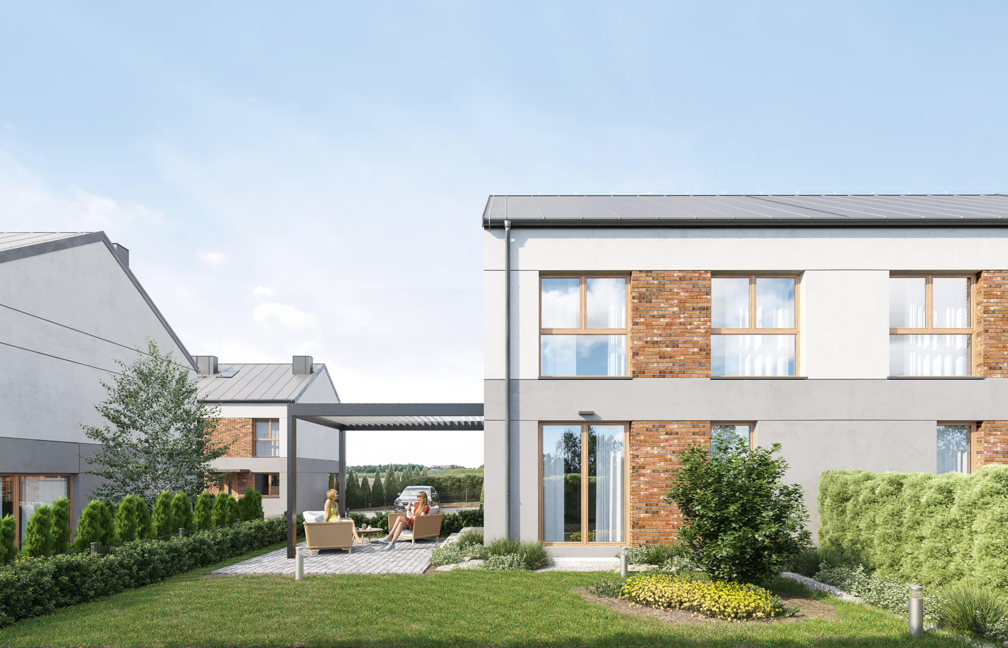 Bliźniak z elementami cegły na elewacji z ogrodem i tarasem z pergolą.