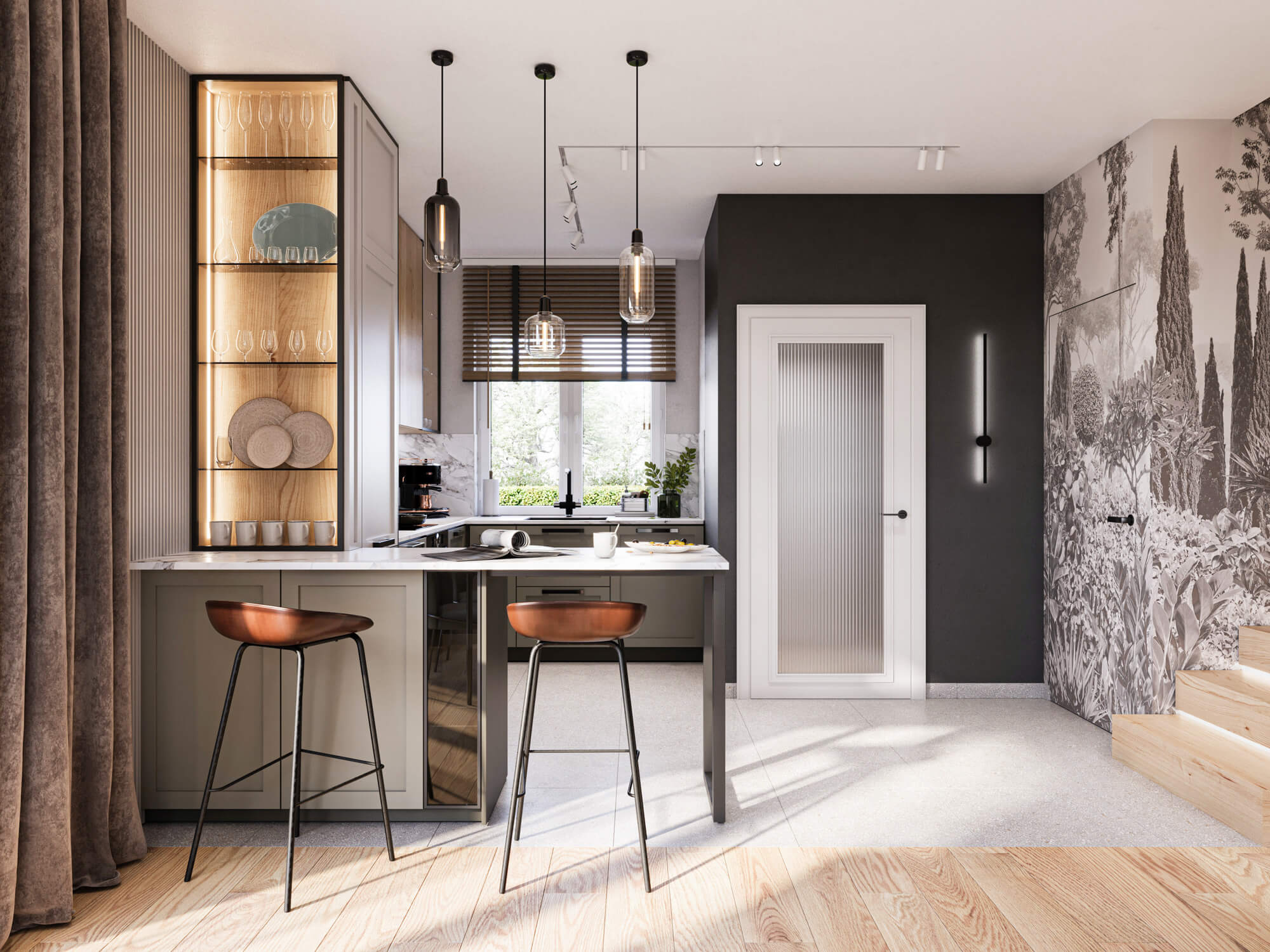 Nowoczesna kuchnia z wyspą i korytarz z wzorzystą tapetą.