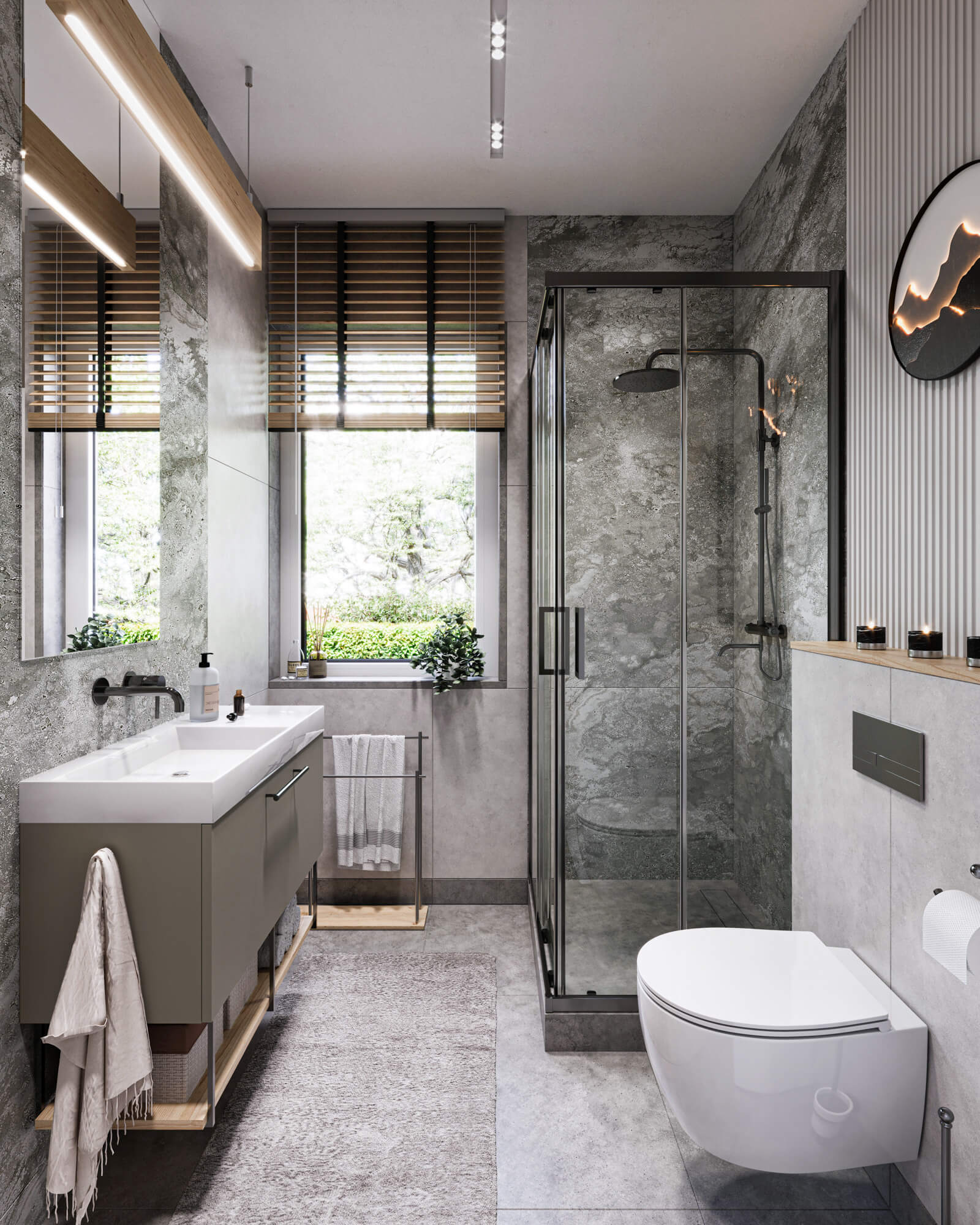 Łazienka z grafitowymi płytkami i prysznicem.