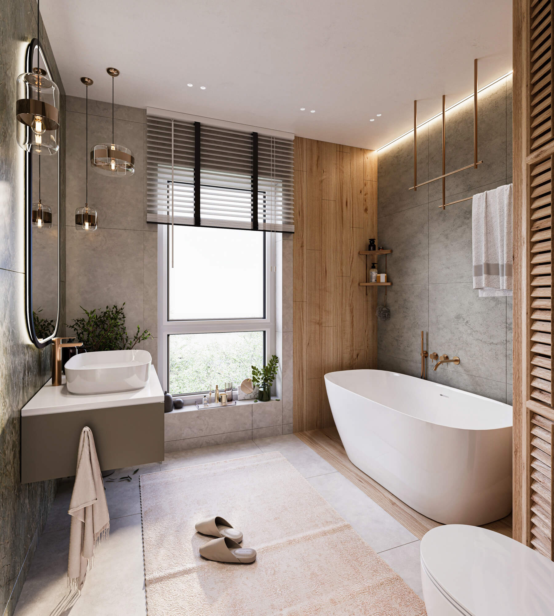 Jasna łazienka z dużym oknem i wanną.