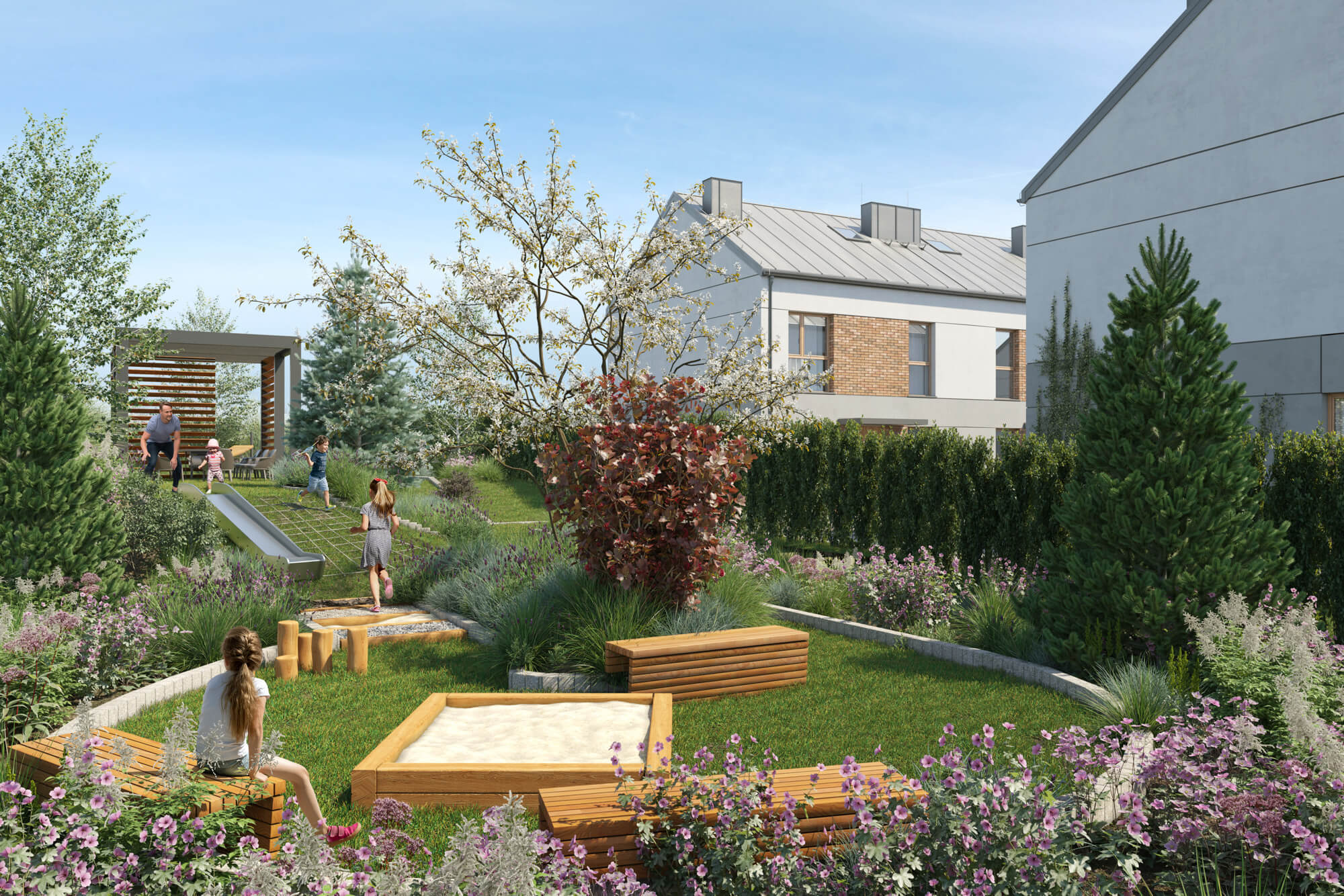Ogród osiedlowy dla mieszkańców z placem zabaw dla dzieci.