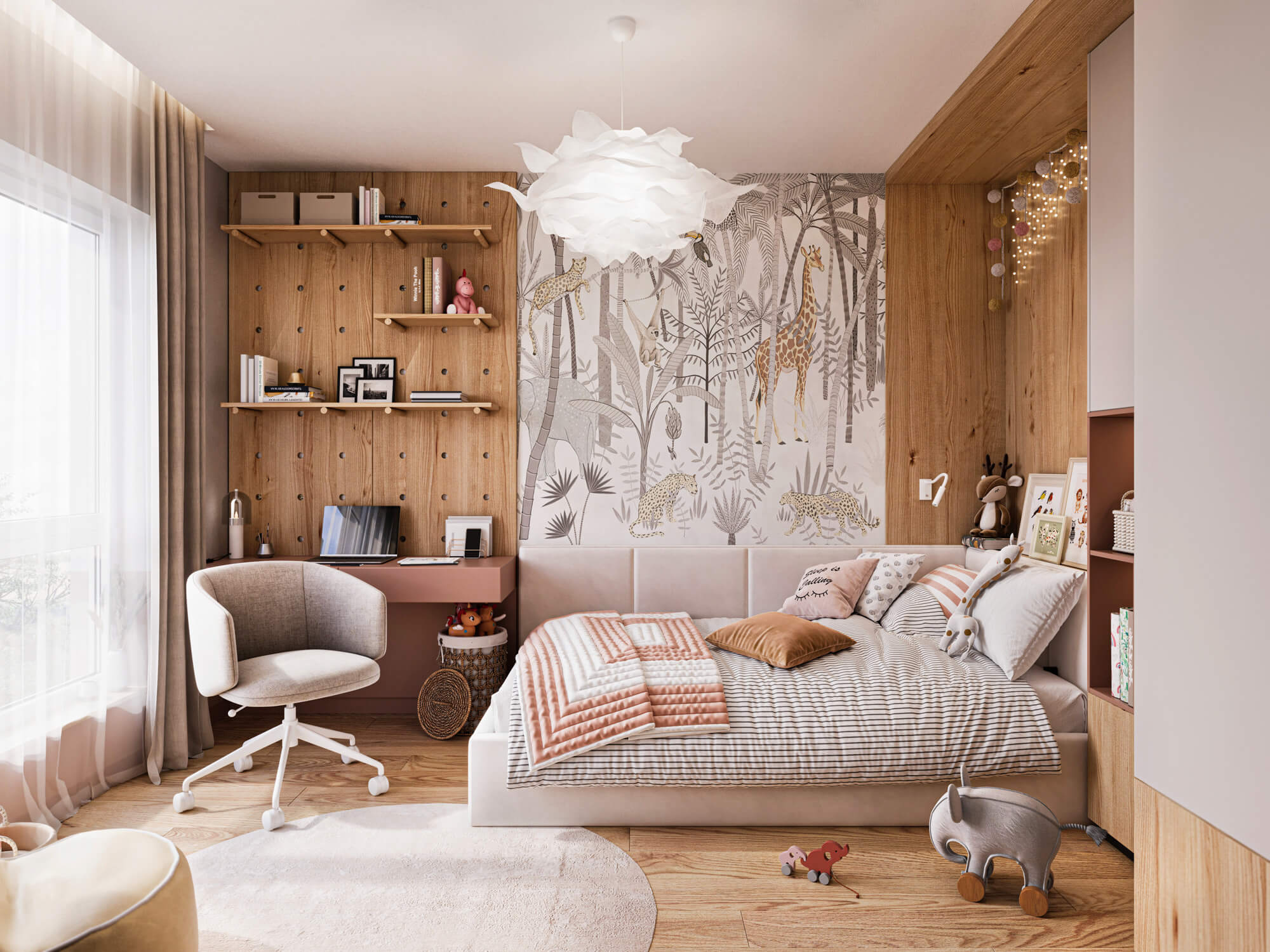Pokój dla dziecka z łóżkiem, miękkim zagłówkiem i biurkiem.