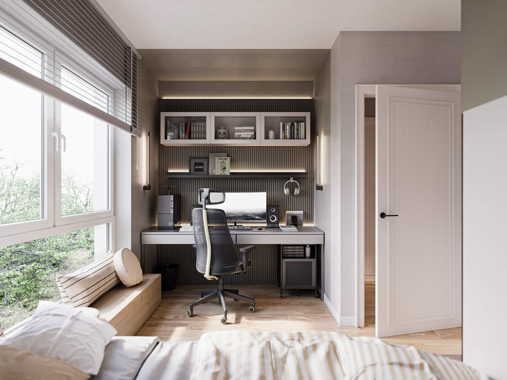 Pokój dla nastolatka z łóżkiem i podświetlanym biurkiem.