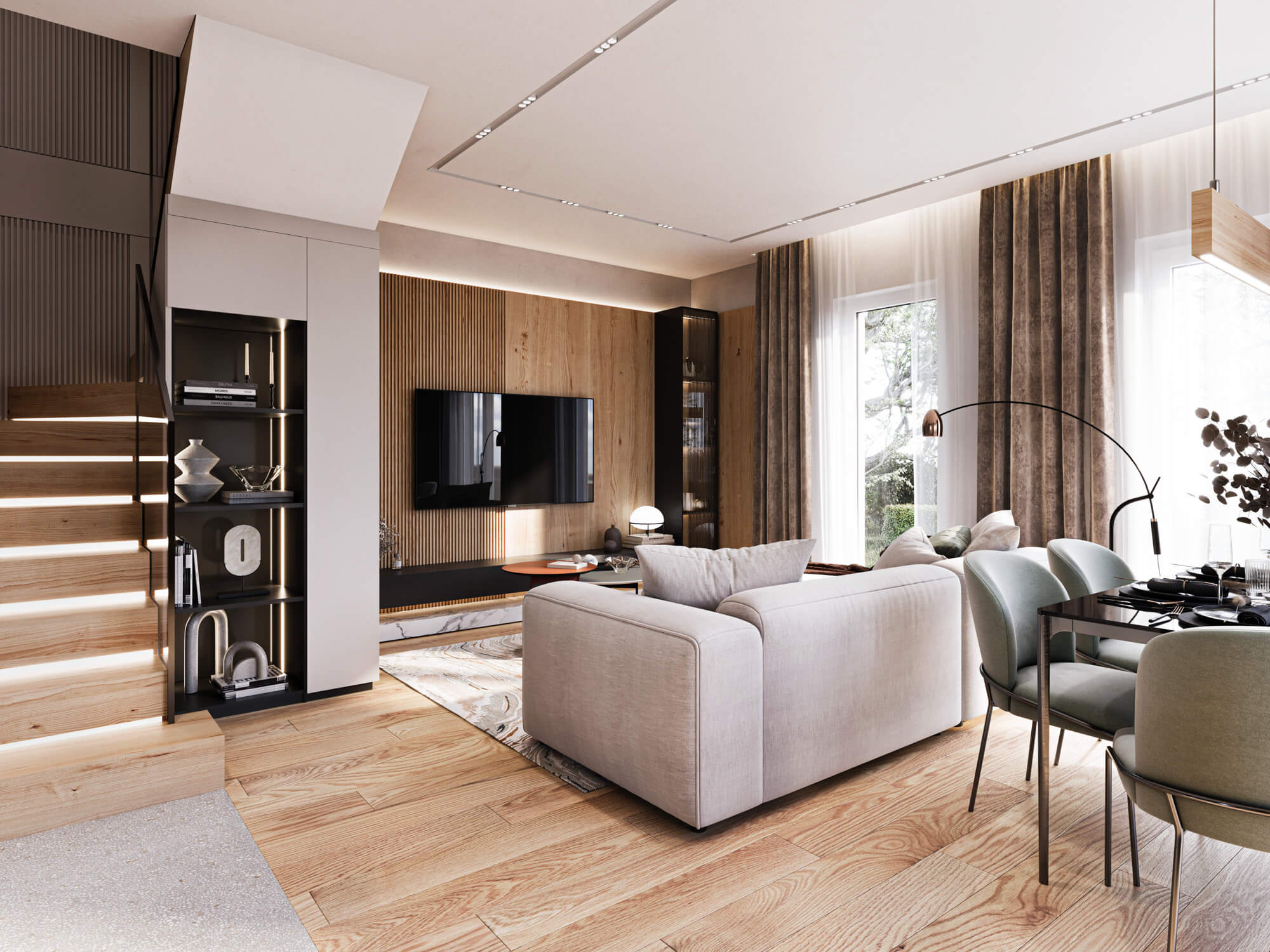 Salon z drewnianą ścianą i klatka schodowa.