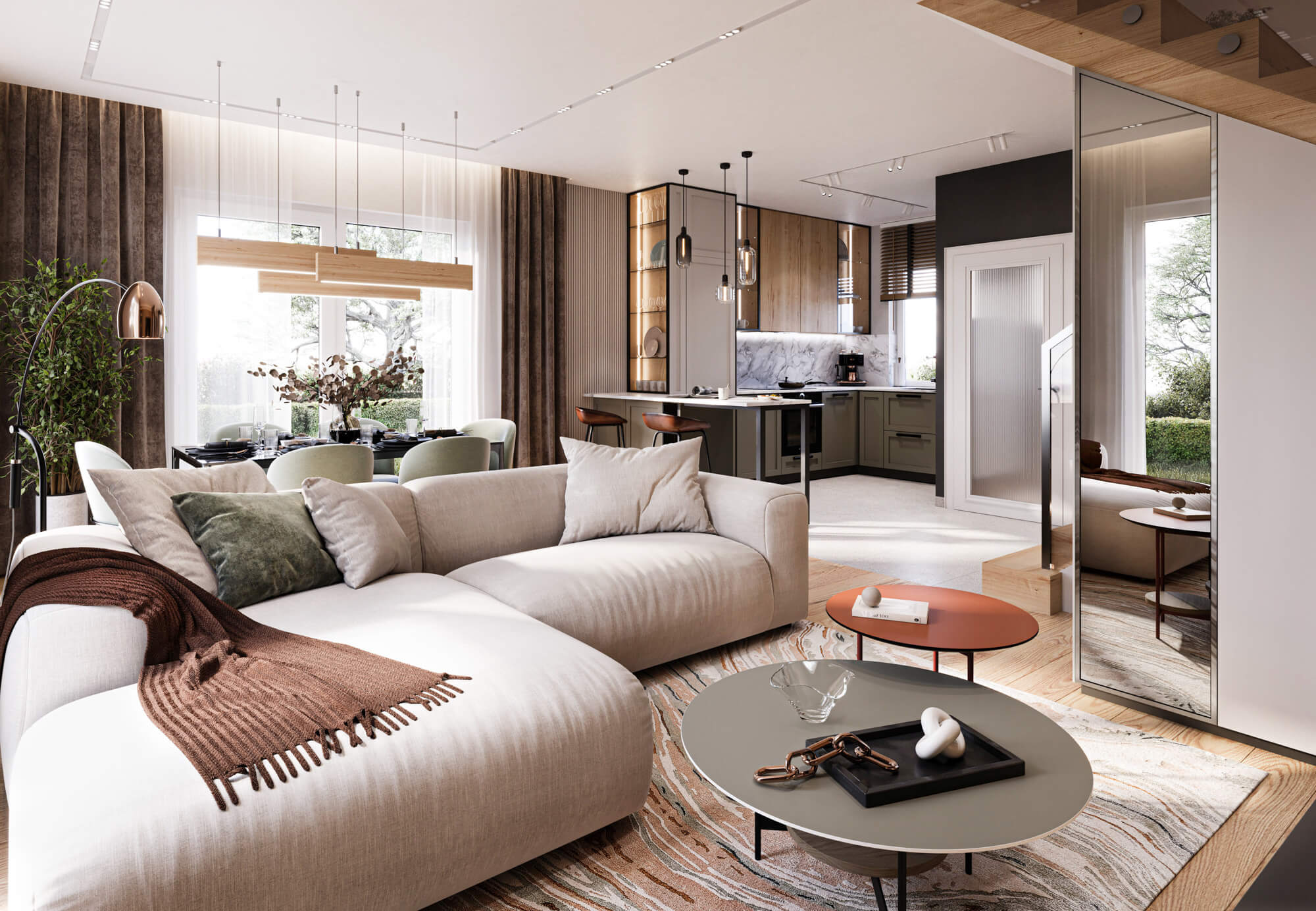 Strefa dzienna z salonem, jadalnią i nowoczesną kuchnią.
