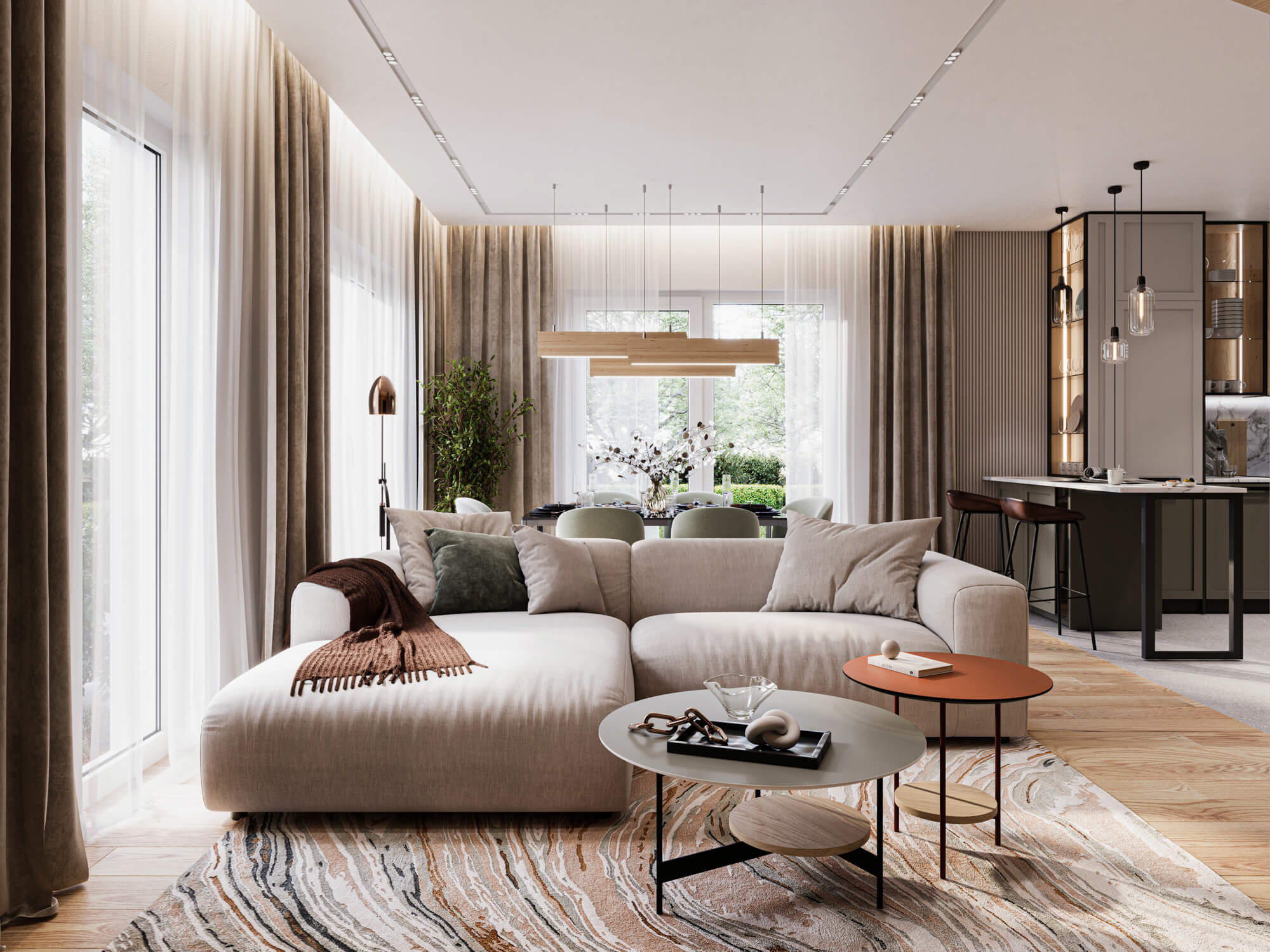 Strefa dzienna z salonem, jadalnią i nowoczesną kuchnią.