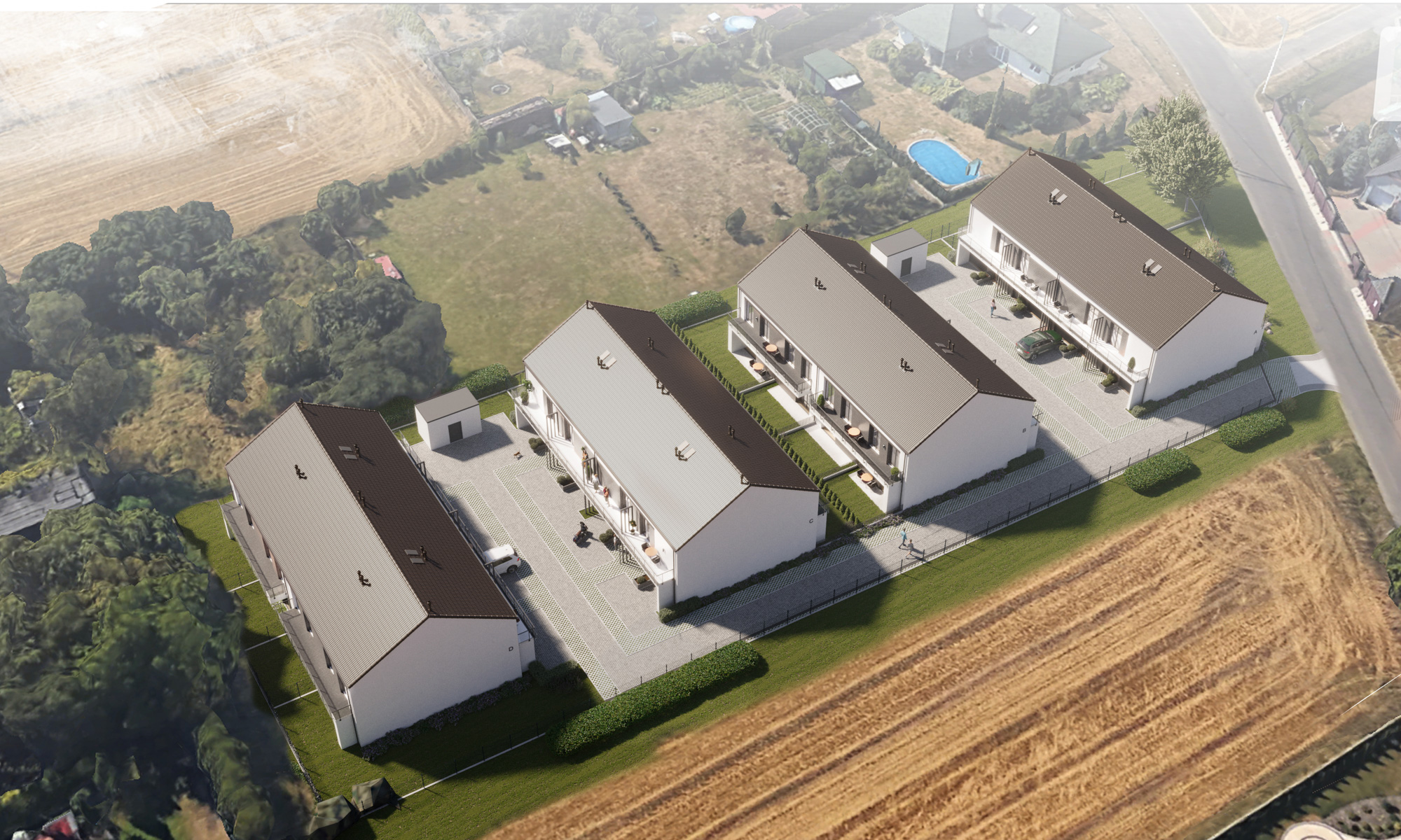 widok z lotu ptaka na osiedle z zabudową szeregową.