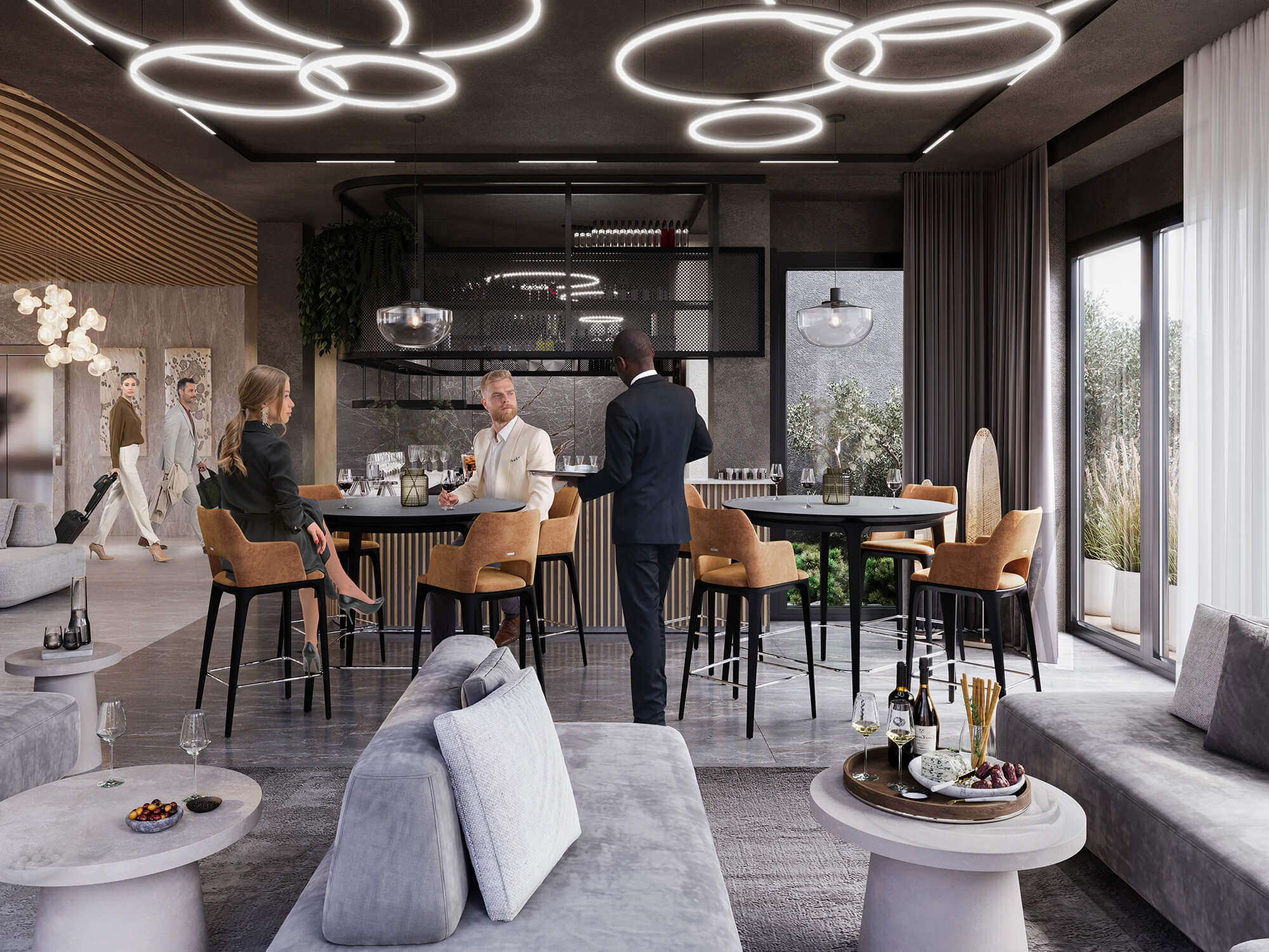 Hotelowy bar z kanapami.