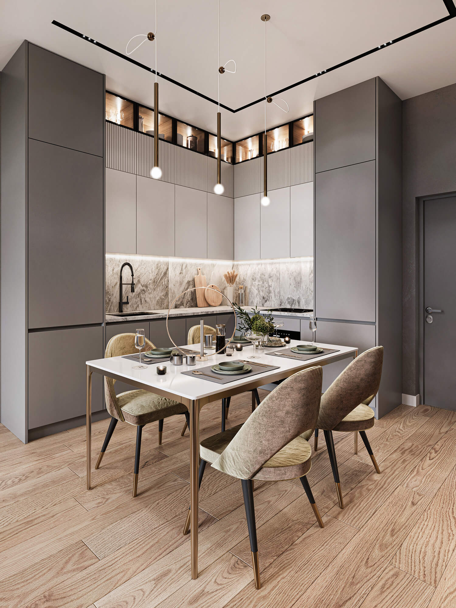 Apartament z kuchnią i elegancką jadalnią.