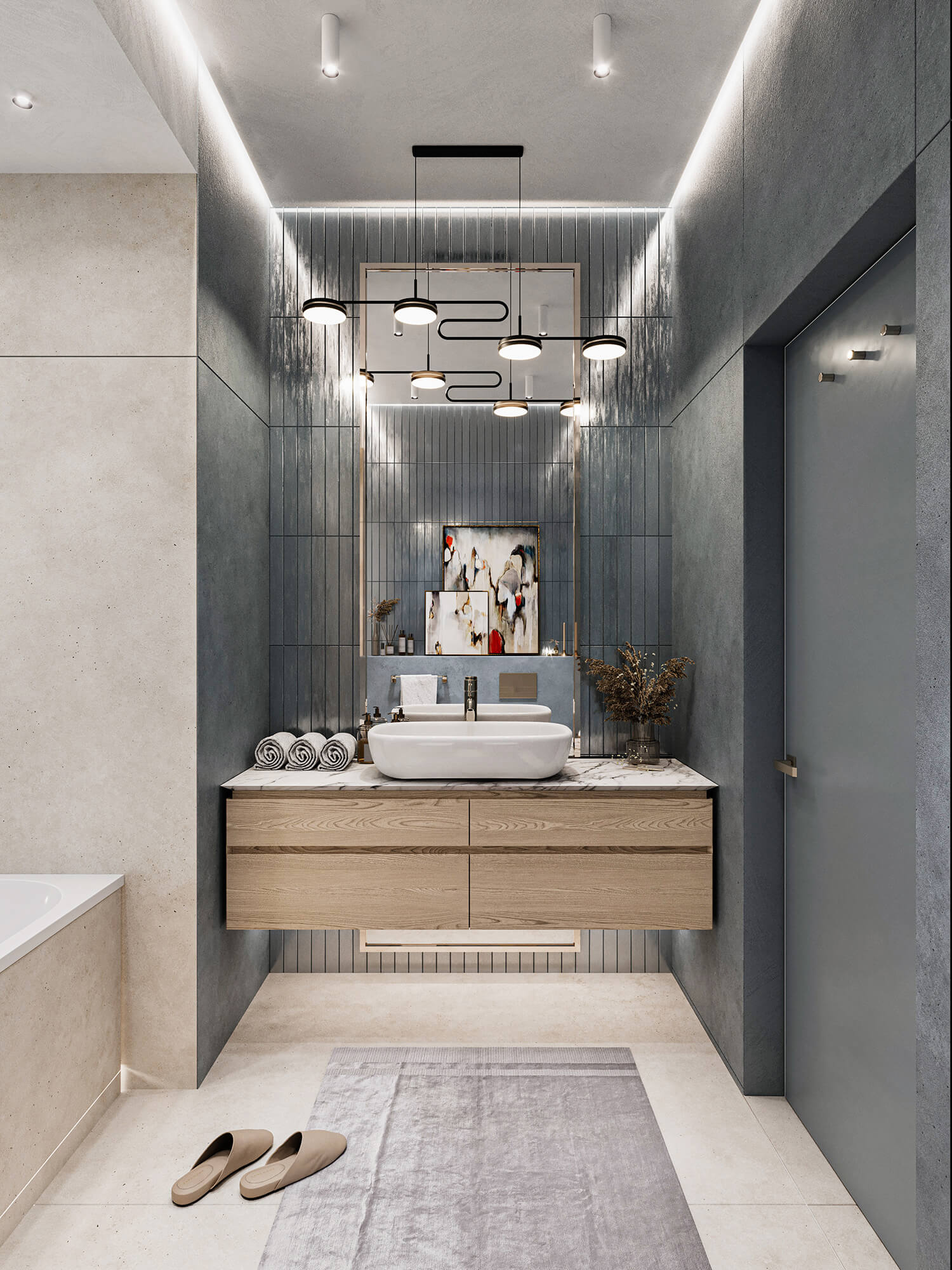 Łazienka z niebieskimi płytkami i ozdobną lampą.