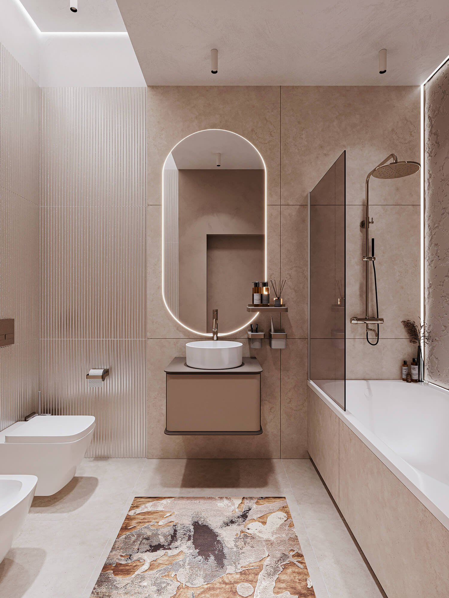 Łazienka z podświetlanym lustrem i wanną prysznicową.