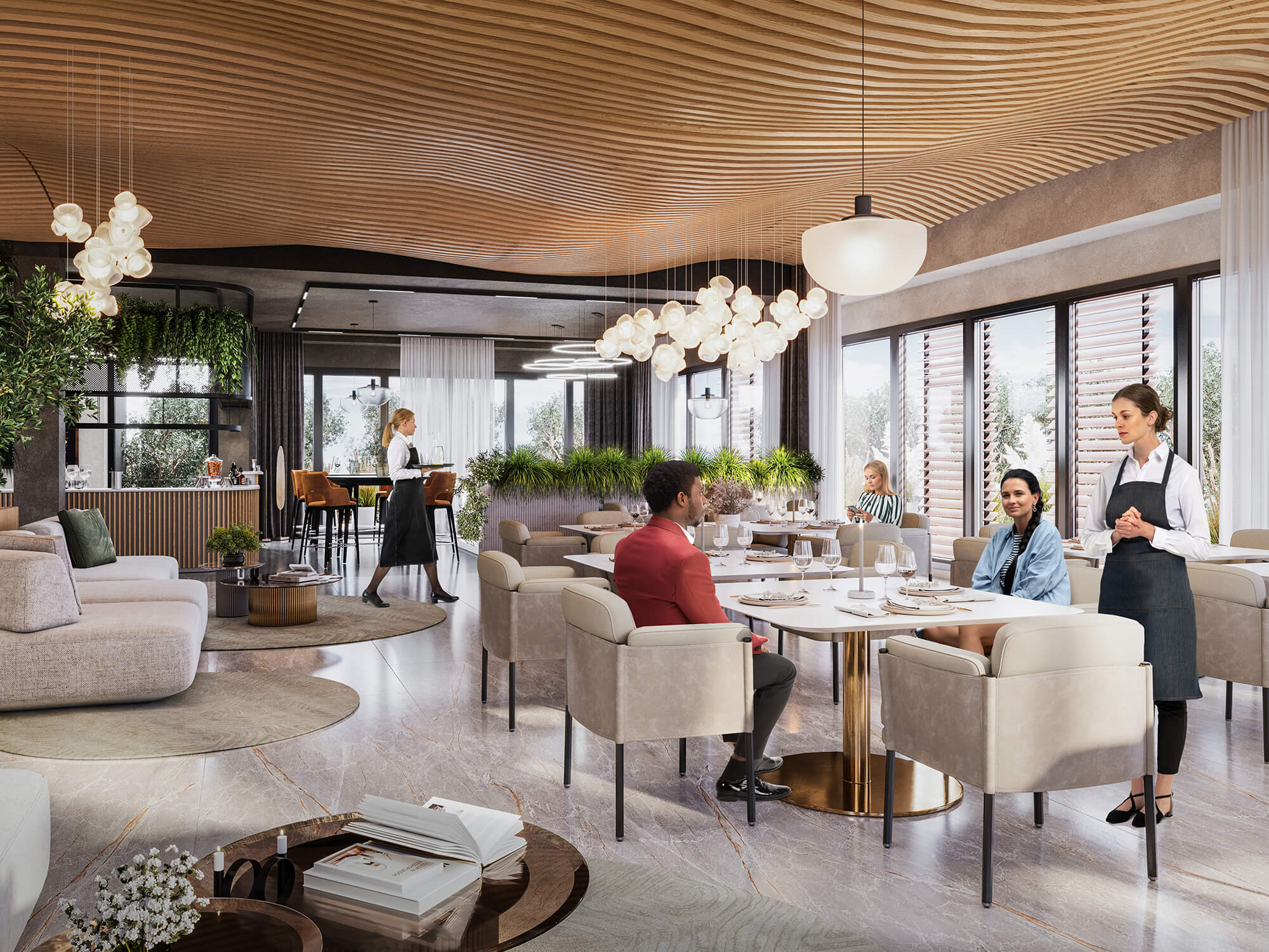 Elegancka restauracja hotelowa z drewnianym sufitem.