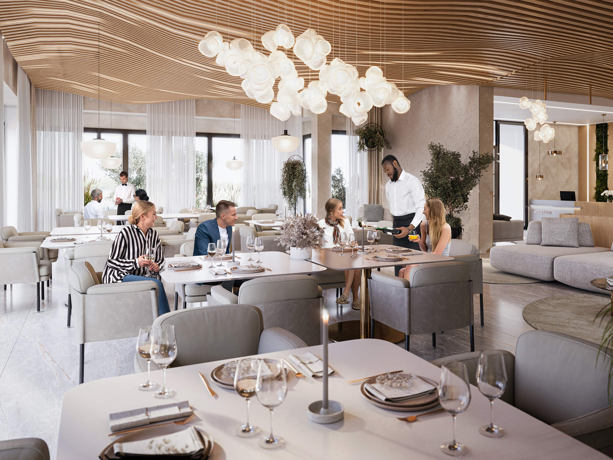 Elegancka restauracja hotelowa z drewnianym sufitem.