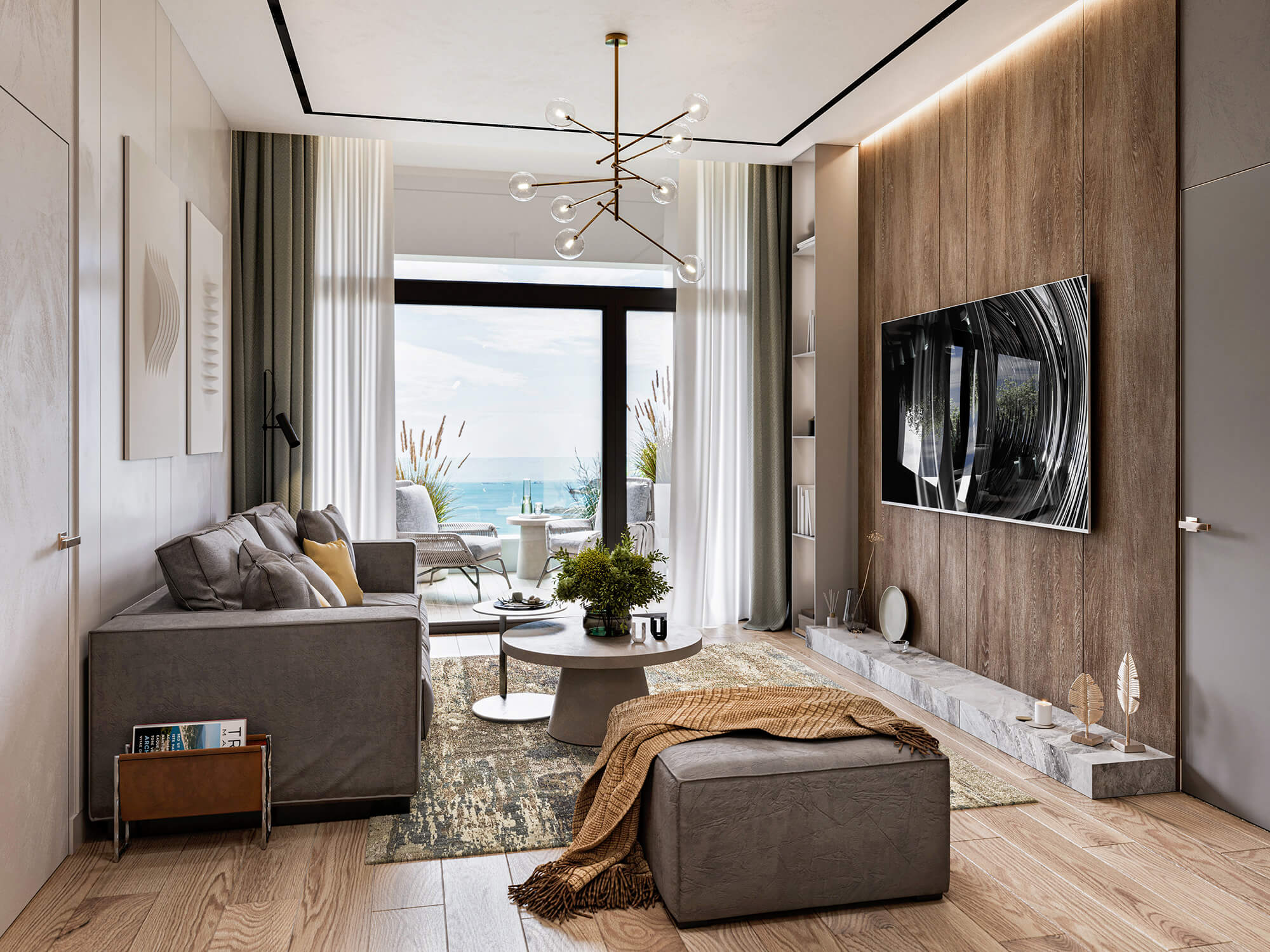 Apartament z salonem i wyjściem na taras.